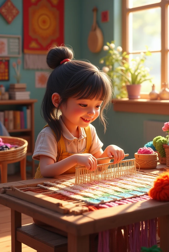 cinematic photo style by Henri Cartier-Bresson, 1 fourteen-year-old girl crochetes knitted toys while sitting in a chair, portrait, against the background of a white wall of children&#39;s drawings and a window, on a wooden table there is one white mug full of tea, books, Perfect fingers, film, bokeh, professional, 4k, highly detailed,