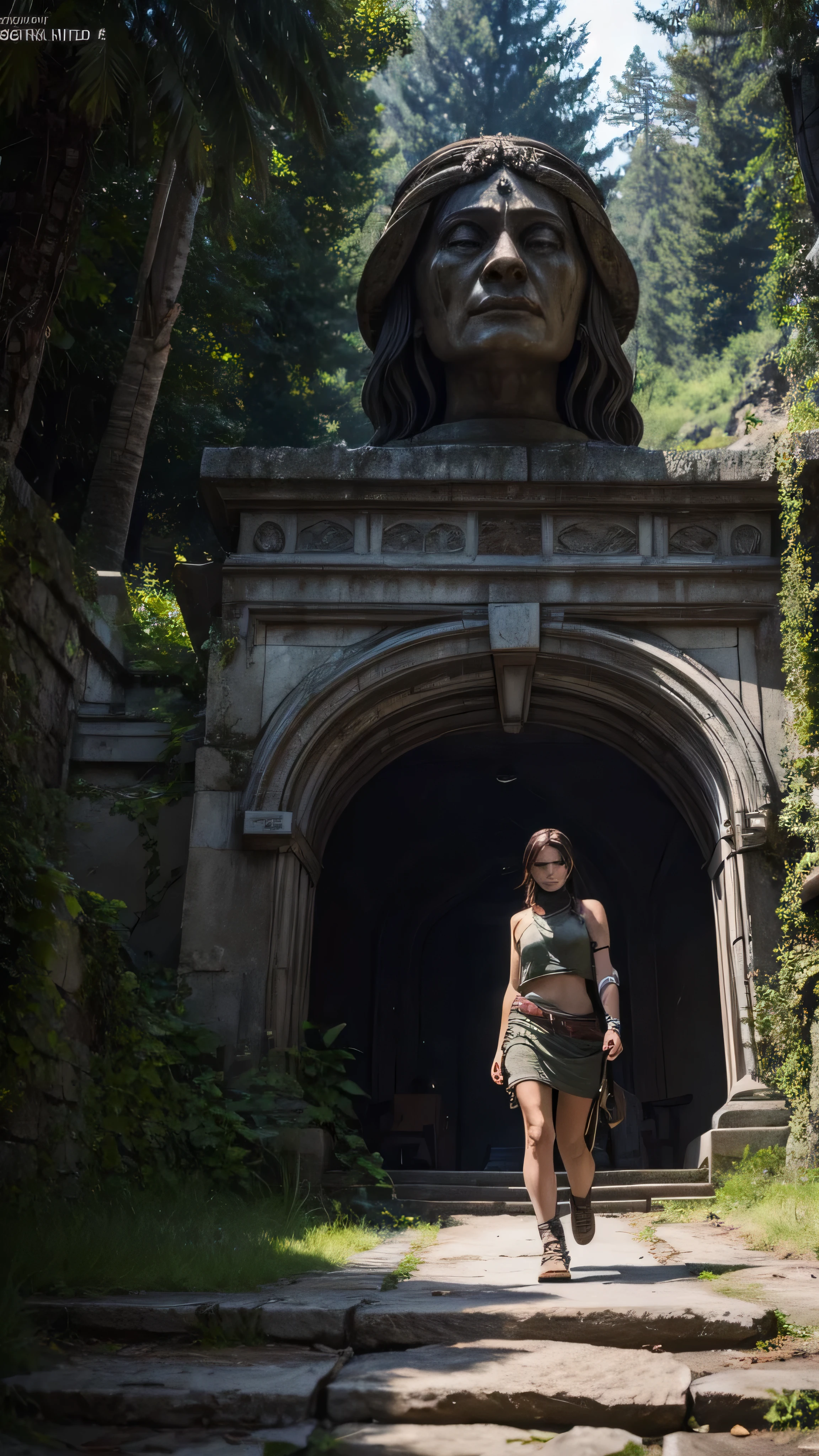 There is a stone statue in the center of the forest, Stone Eyes, Oxagian 3D Epic, movie『 Tomb Raider 』Still image of, By Simon de Vlieger, Ancient sacred architecture, Monster Mask, Anamorphic Widescreen, photorealistic-n 9, Neo-Andean architecture, PS2 Graphics, Today's featured photos 4k, Psyche Trance