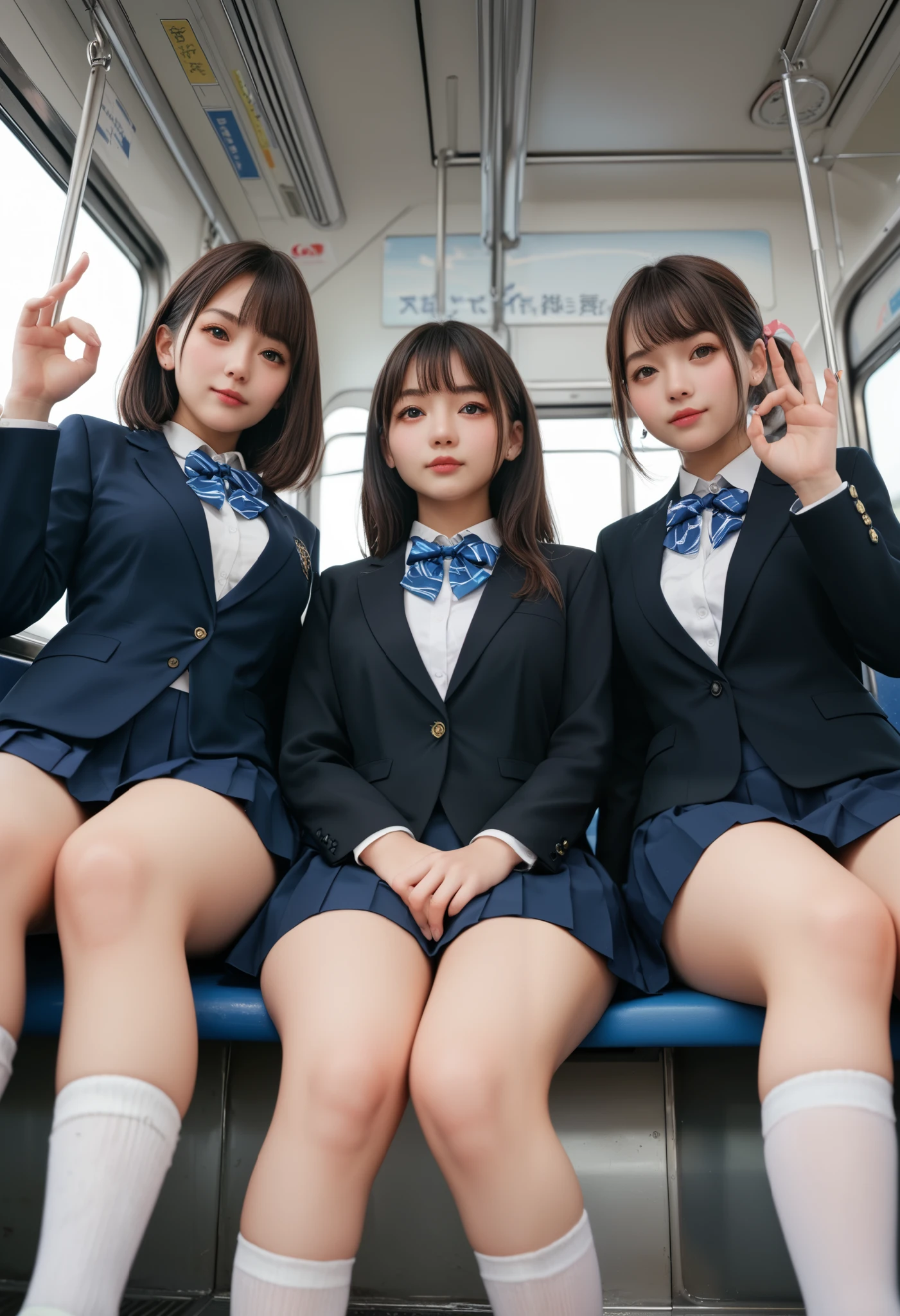 ((head out of frame)), Japanese high school girl, 3 girls, black blazer, white blouse, a ribbon, too short pleated skirt, white sox, loafers, brown hair, middle breast, sitting on train seat, wide hip, thick thigh, focused on (little visible panties:0.35), handjob gesture, (from below:1.0), (from front:1.2), by fisheye,