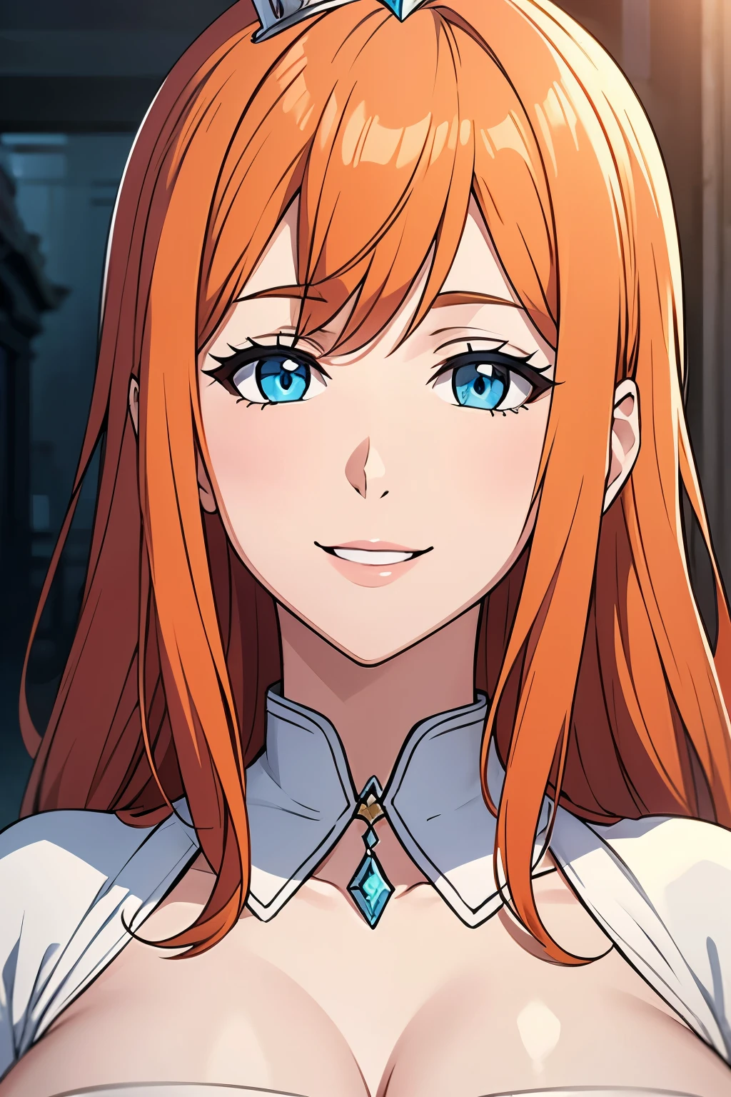 portrait, elegant mature woman, blue eyes, .long ginger hair, orange hair, big breast, ultra detailed cg 8k, beautiful cg, soft light, smiling, white dress, diamond collar, princess crown