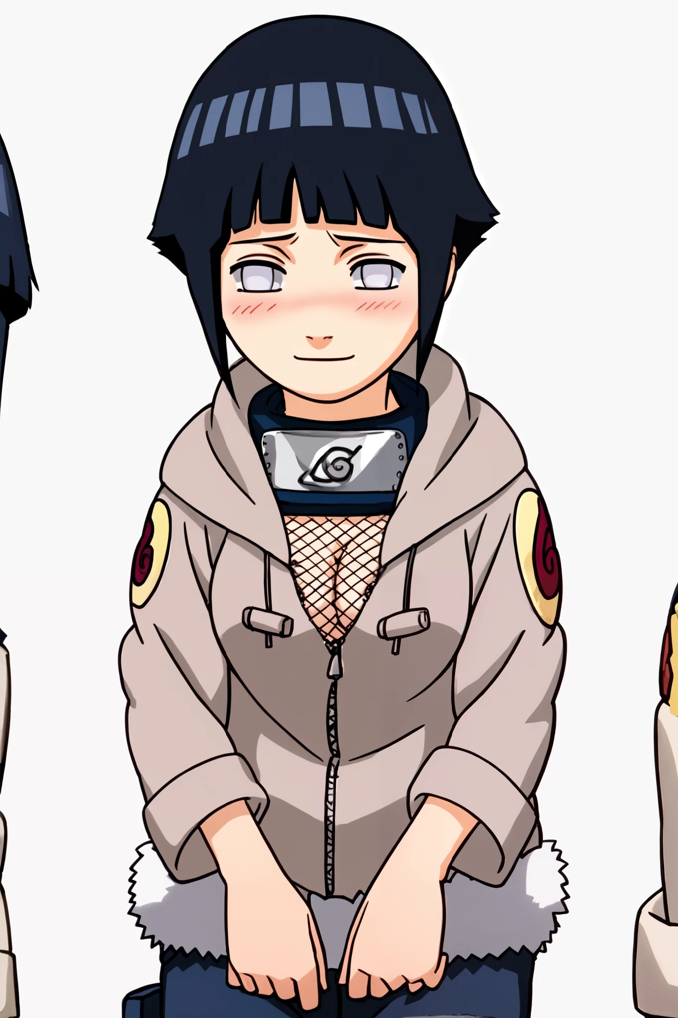 hyuuga hinata, 1girl, black hair, short hair, white eyes, no pupils, hoodie, fur trim, hood down, long sleeves,  konohagakure symbol, forehead protector, score_9, score_8_up, score_7_up, anime screencap, anime coloring, source_anime, 1girl, solo, looking at viewer, budding breasts, fidgeting with hands, shy, nervous smile, flustered, blushing, lidded eyes, narrowed eyes, white background, empty background, b-cup breasts, unzipped jacket, open jacket, fishnet shirt, flashing