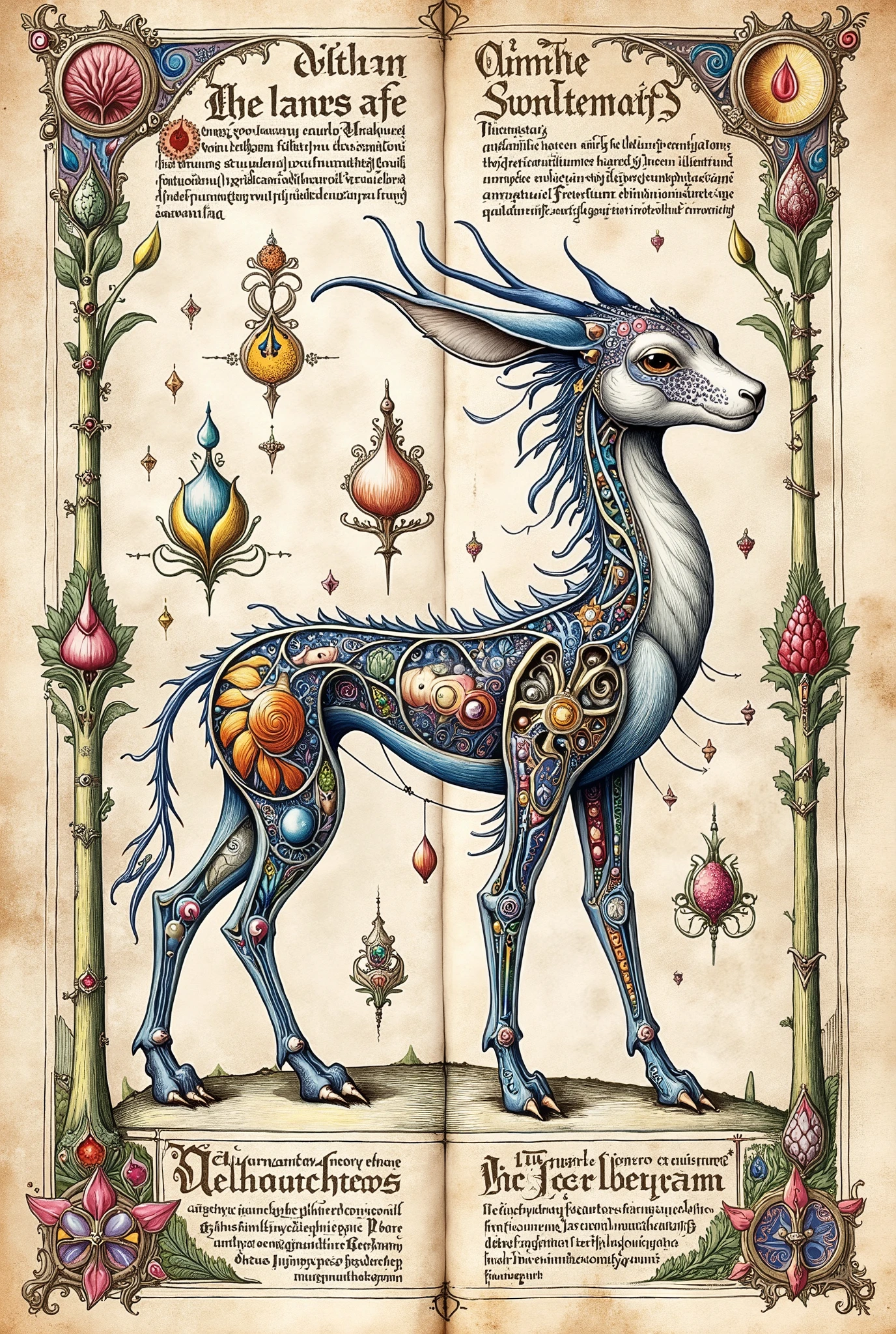 Medieval Illuminated manuscript style artwork, colorful ink pen linework, ((textbook manuscript page)) of labelled anatomical drawing of ((mythical fantastical woodland dreamland ((Unseelie court creature))))