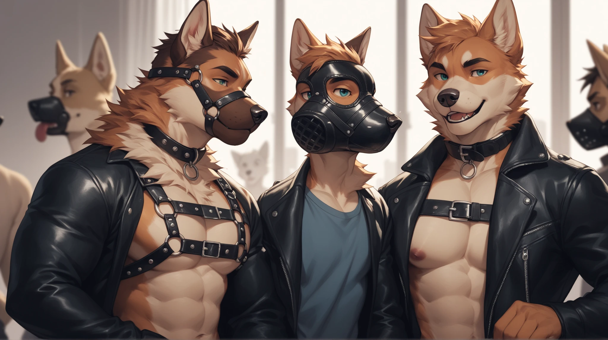 2 naked furry boys stuck in a room, they both have furry skin and 1 has brown skin and the other white, there eyes and mouthed are covered with blindfolds and all covering muzzles