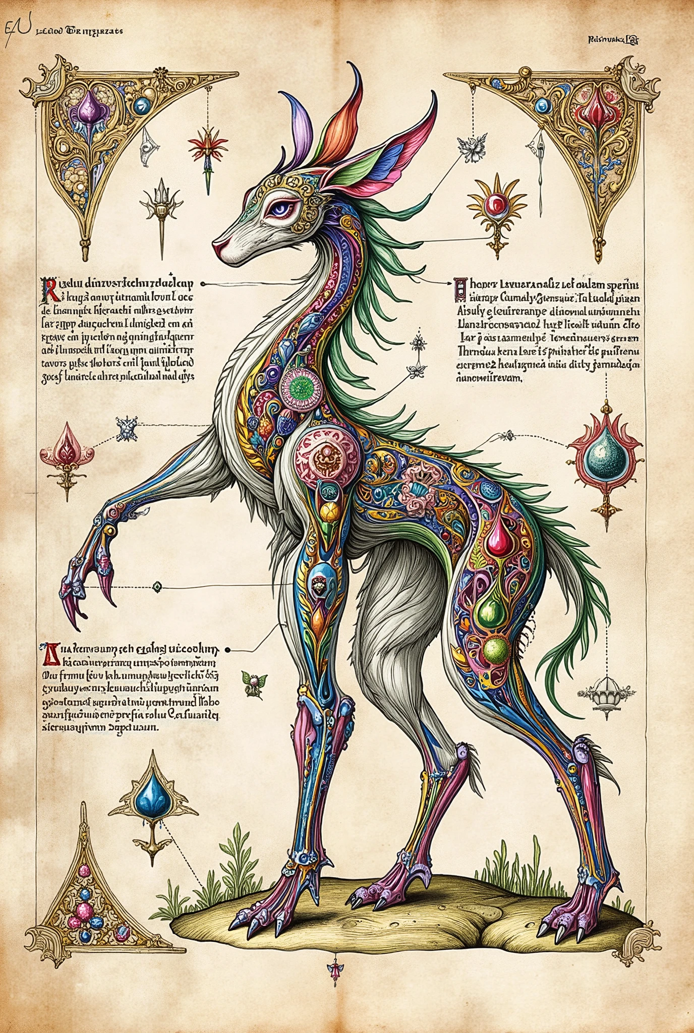 Medieval Illuminated manuscript style artwork, colorful ink pen linework, ((textbook manuscript page)) of labelled anatomical drawing of ((mythical fantastical woodland dreamland ((Unseelie court creature))))