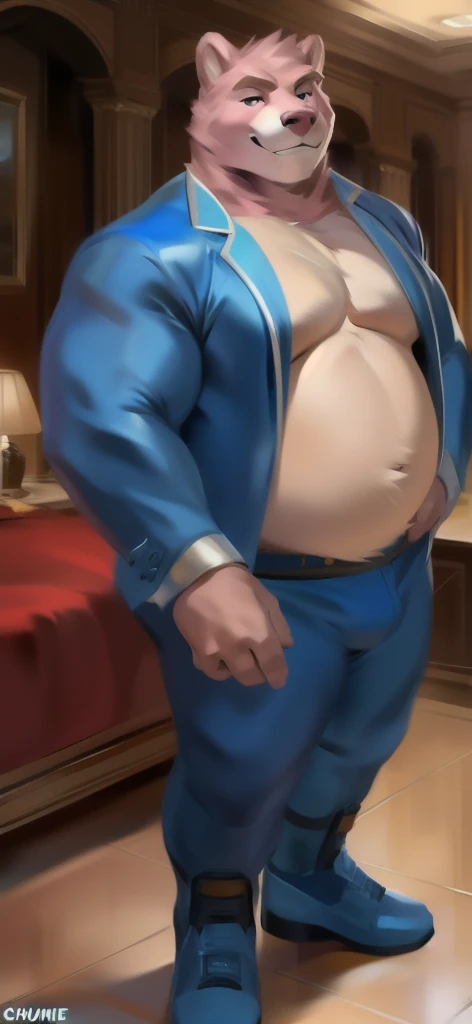(masterpiece), top quality, photorealistic, hyperrealism, absurdres, tack sharp, subsurface scattering, 8k, HDR, 35mm, professional photography, RAW, (handsome mature man plump chubby morbid extremely thick thighs bulging belly fat), older man, gray hair, white man, ( wearing,boots,stubble,police chief,bage,beard,old man,indoors,necktie,sitting,spread legs,), bulge, detailed glade on clothing, (fat and corpulent: 1.3), full beard very long, looking at the viewer, handsome man, detailed eyes, symmetrical face, mischievous smile, robust, mustache, longer hair, his body is lying sideways on the floor, front view. Arte conceitual hiper detalhada imagem dinâmica.