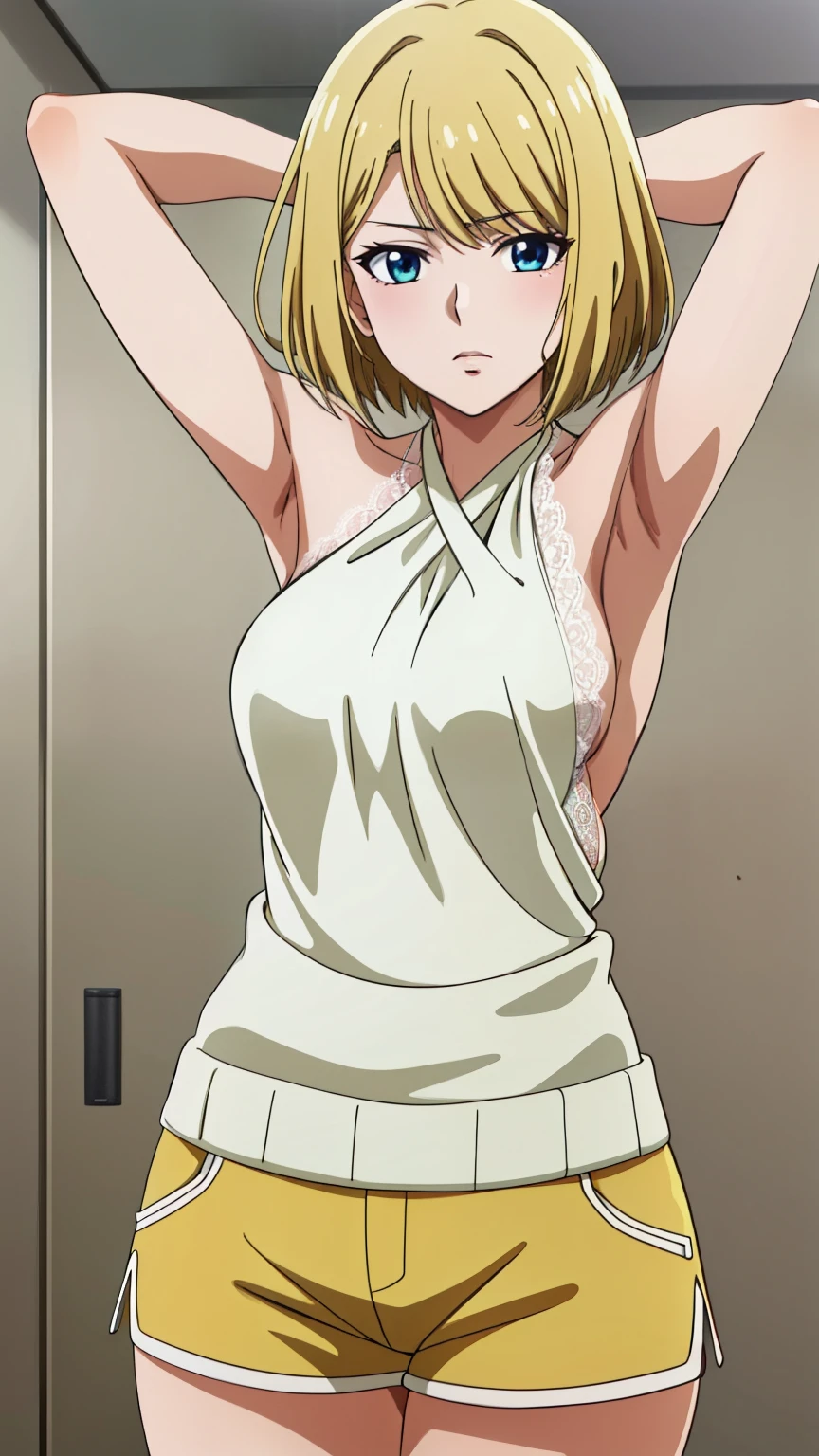 (Top quality, masterpiece, 8k), (Realistic skin texture), (anime coloring), Very detailed, very detailed, perfect face, beautiful eyes, perfect eyes, detailed eyes, feature large highlight, detailed face, ultra-detailed, detailed eyes, symmetrical eyes, (Dynamic angle), (expressionless), Sharp details, sonokata misuzu, blonde hair, short hair, (((short stature))), small breasts, healthy skin, (half closed eyes:0.8), (mature face:1.4), (nffsw), (green knit, halter neck, (lace:1.3), sleeveless, off shoulder, sideboob, arm, (navel:0.5), shorts), (arms behind head), (cowboy shot:1.3), looking at the viewer, in the center of the image
