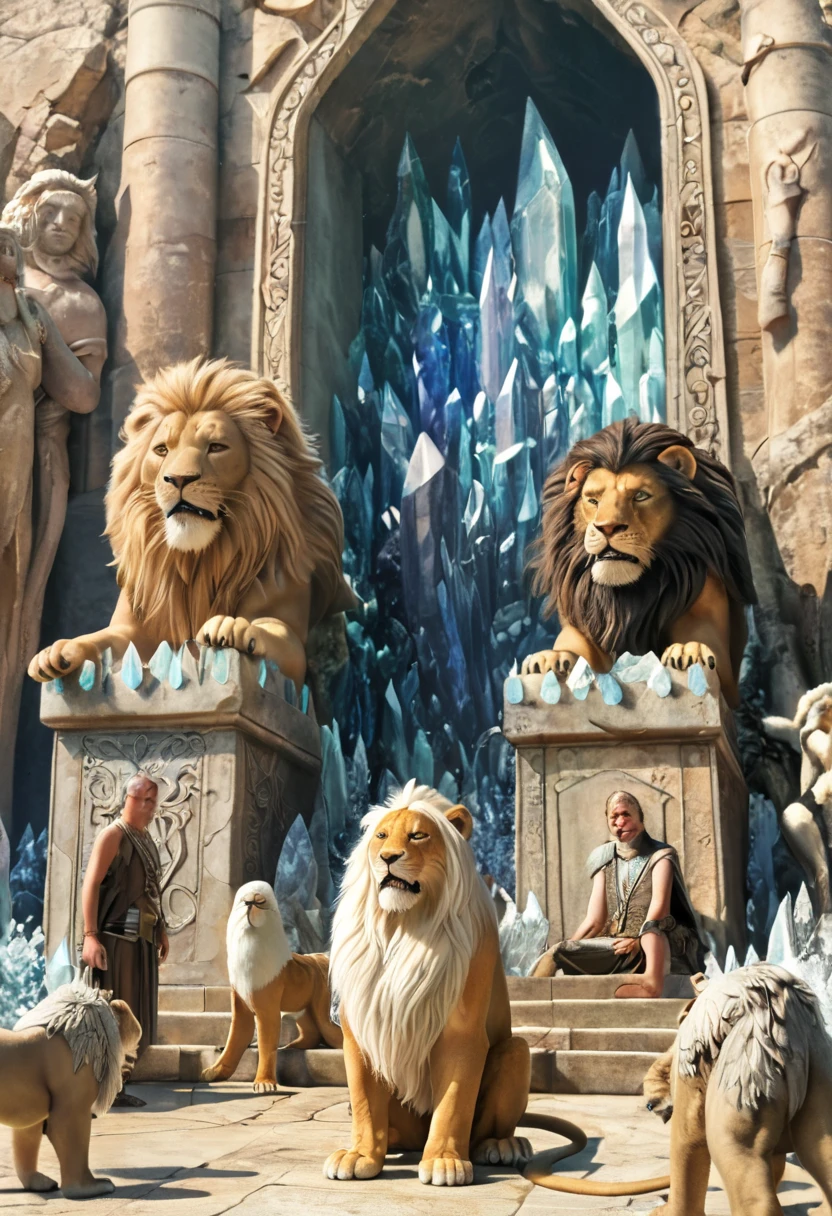 A sea of crystal, in the middle, a throne, surrounded by four creatures, one that looks like a lion, the oufra with a calf, the other with a human and the other with an eagle. E ao redor de a throne, twenty-four more thrones inhabited by elders