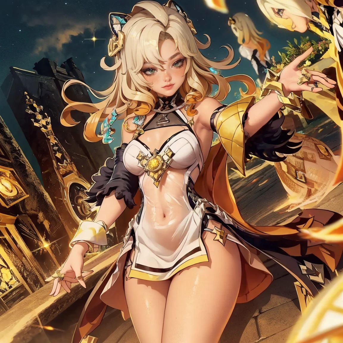 (Masterpiece), (best quality), hight resolution, ultra-detailed, (hyper detailed background, Detailed background), highly detailed, photorealistic, 1 beautiful and gorgeous girl, (cat ears), off-shoulder, North African Islam, Alhambra palace, (Islamic Africa:1.2), Colorful, in desert, Long Long Platina Bond Shining Hair, Big yellow crystal eyes, smile, ((dancing Arabian dance)), light, broken glass, a girl with a pet lion, (shining brightly), ((dazzling)), (floating a lot of flower petals, ((3D)),