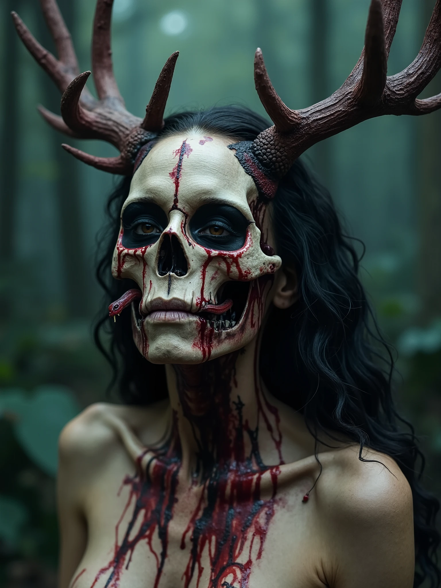 Beautiful Female with antlers,half skull half face rotted,half nude,snakes growing from the eye sockets,spilled with red and black fluid,dark makeup,dark surrealism,dark realistic photography, dark occult art,melancholic dark art, surreal dark art,a cosmic background with dark forest, slime and realistic look.