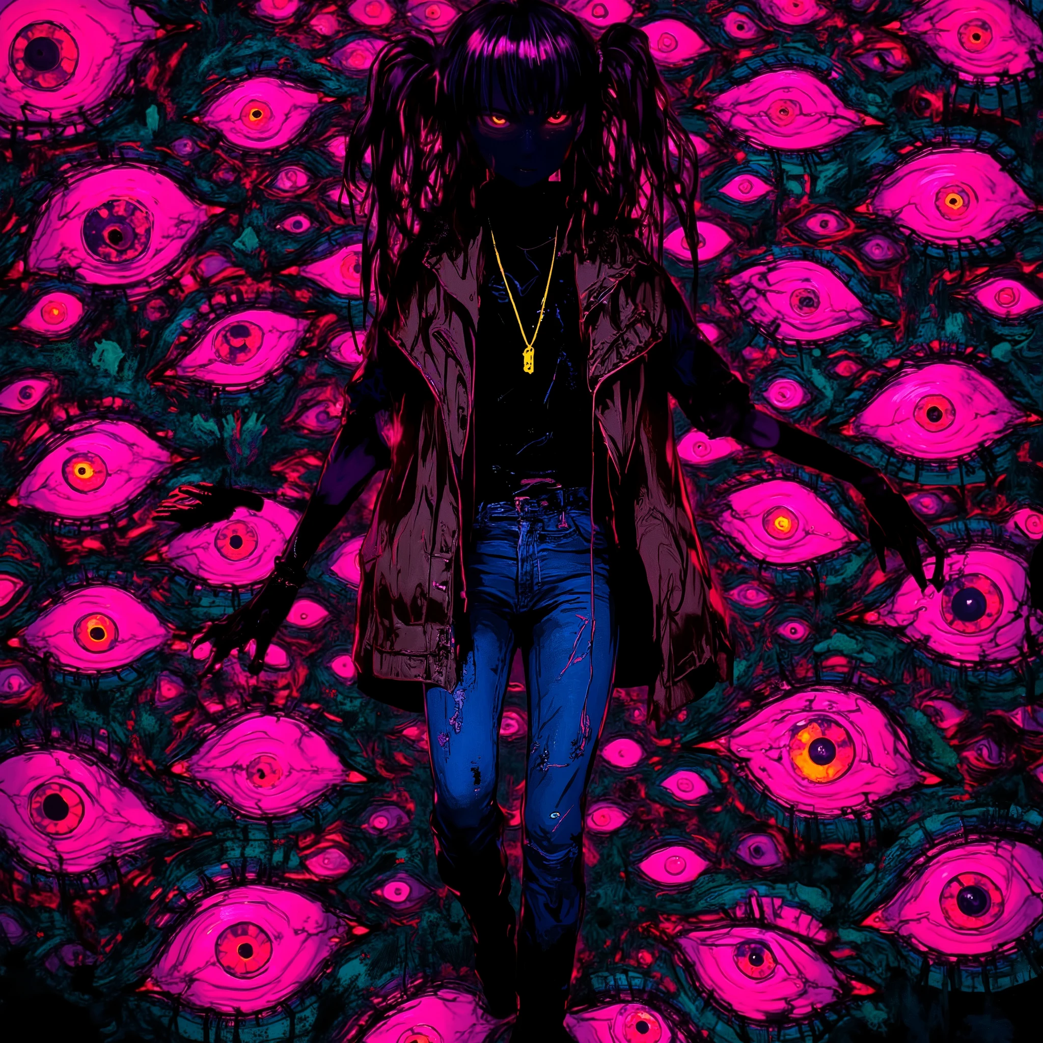(masterpiece, best quality:1.2), 1 girl, unique, turtleneck woolen sleeveless top, navel, tight jeans, take a step forward, long twintails, glistening swirly golden eyes, f3nn3r, colourful, pink, blue, black, red, trippy, psychotic, psychedelic, losing my mind, creative background, no face, black body, heel boots, (push up hair with hands)