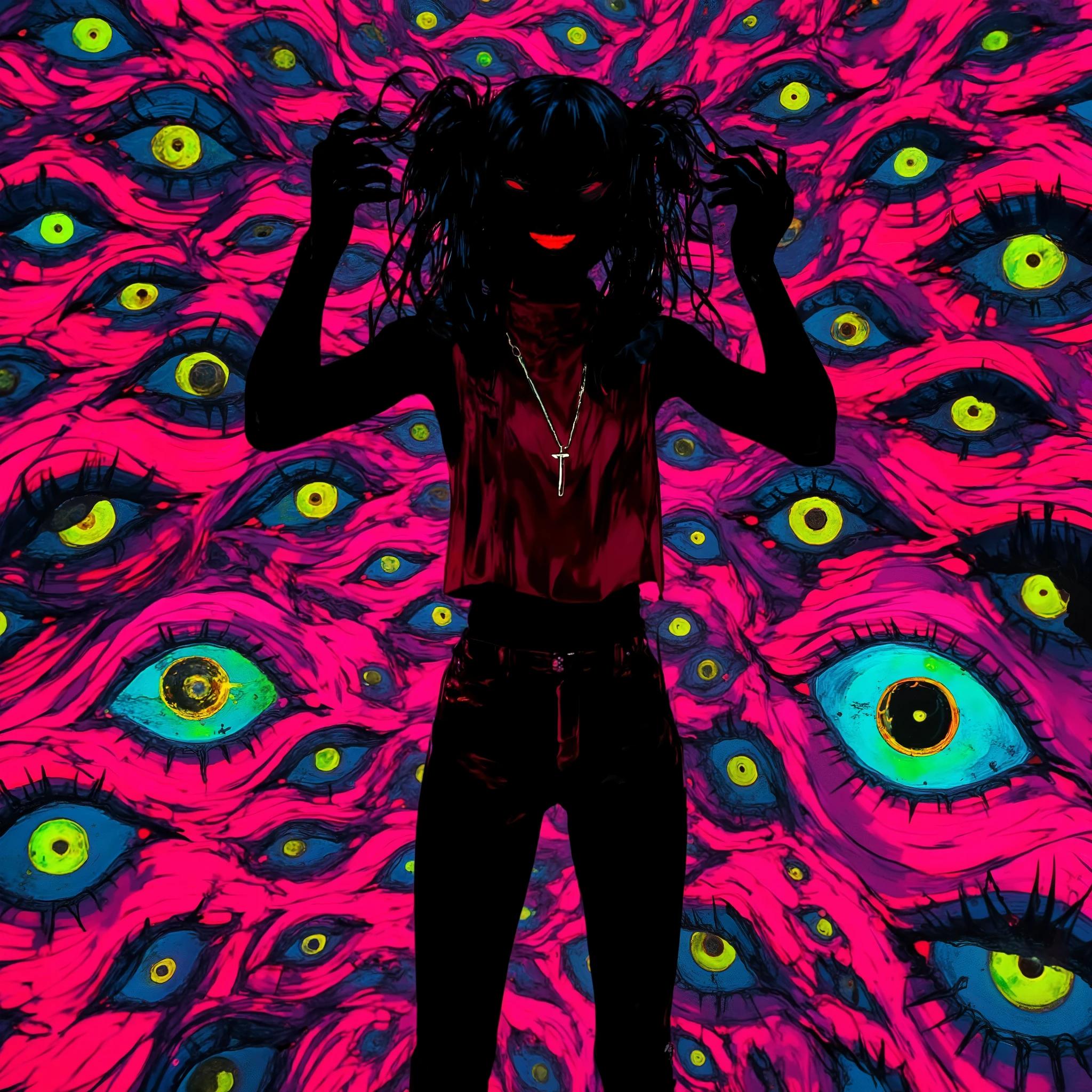 (masterpiece, best quality:1.2), 1 girl, unique, turtleneck woolen sleeveless top, navel, tight jeans, take a step forward, long twintails, glistening swirly golden eyes, f3nn3r, colourful, pink, blue, black, red, trippy, psychotic, psychedelic, losing my mind, creative background, no face, black body, heel boots, (push up hair with hands)