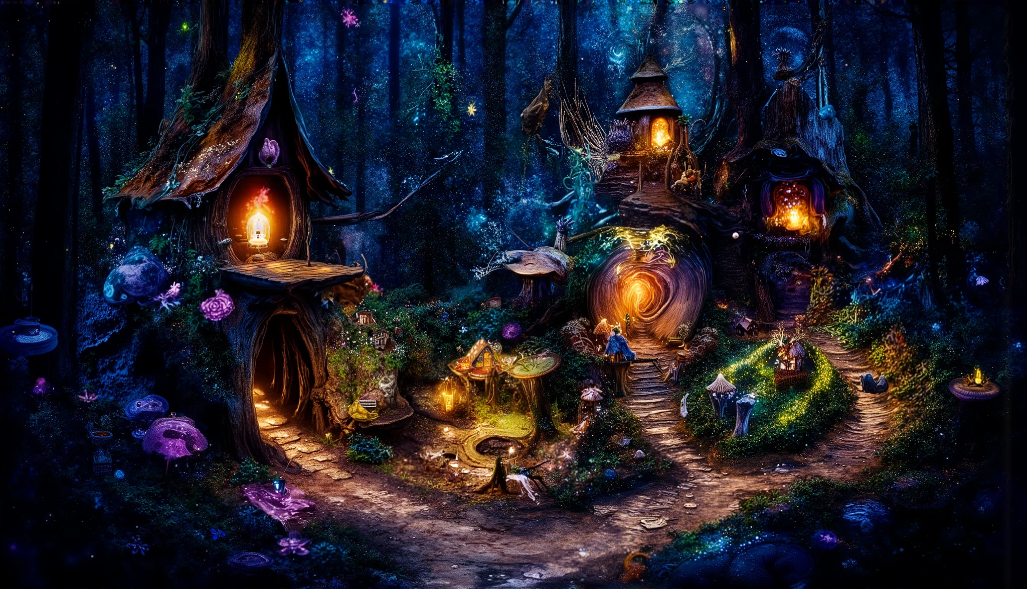 Surrealism. Medium shot. An enchanted fairy community with houses made from hollow logs and flowers, swinging bridges connecting treetop homes. Salvador Dali. Melting oil on canvas. Delicate lanterns crafted from leaves and filled with glowing fireflies hang from branches. Phosphorescent mushrooms and flowers carpet the forest floor. Soft, ethereal moonlight illuminates the scene, surrounded by a swirling vortex of stars. Vibrant colors, triadic harmony. Best quality. Dreamlike atmosphere. Intricate details. Rich textures. Whimsical fantasy. Fireflies all around
