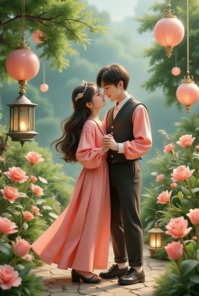 In a captivating digital art masterpiece, a couple shares a romantic dance in the center of an enchanting garden on Valentine's Day. The scene is illuminated by floating candles and lanterns, casting a warm, soft glow. The intricate details of the garden, from the delicate petals of the flowers to the lush green foliage, are rendered in stunning 8K resolution. The couple, lost in their embrace, exudes a sense of deep love and connection. The atmosphere is filled with a magical and dreamy quality, enhanced by the gentle light and the serene beauty of the surroundings.