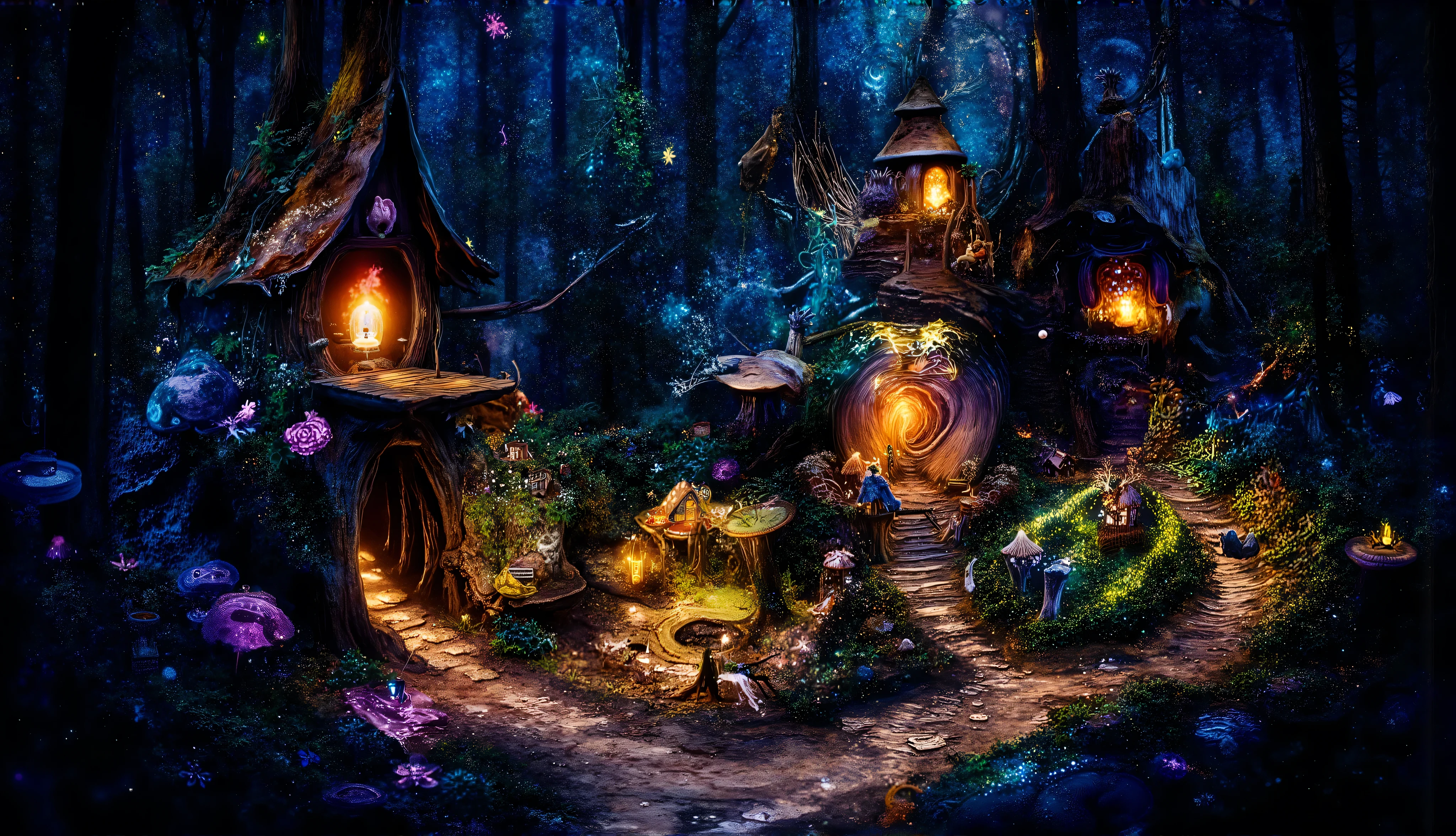 Surrealism. Medium shot. An enchanted fairy community with houses made from hollow logs and flowers, swinging bridges connecting treetop homes. Salvador Dali. Melting oil on canvas. Delicate lanterns crafted from leaves and filled with glowing fireflies hang from branches. Phosphorescent mushrooms and flowers carpet the forest floor. Soft, ethereal moonlight illuminates the scene, surrounded by a swirling vortex of stars. Vibrant colors, triadic harmony. Best quality. Dreamlike atmosphere. Intricate details. Rich textures. Whimsical fantasy. Fireflies all around