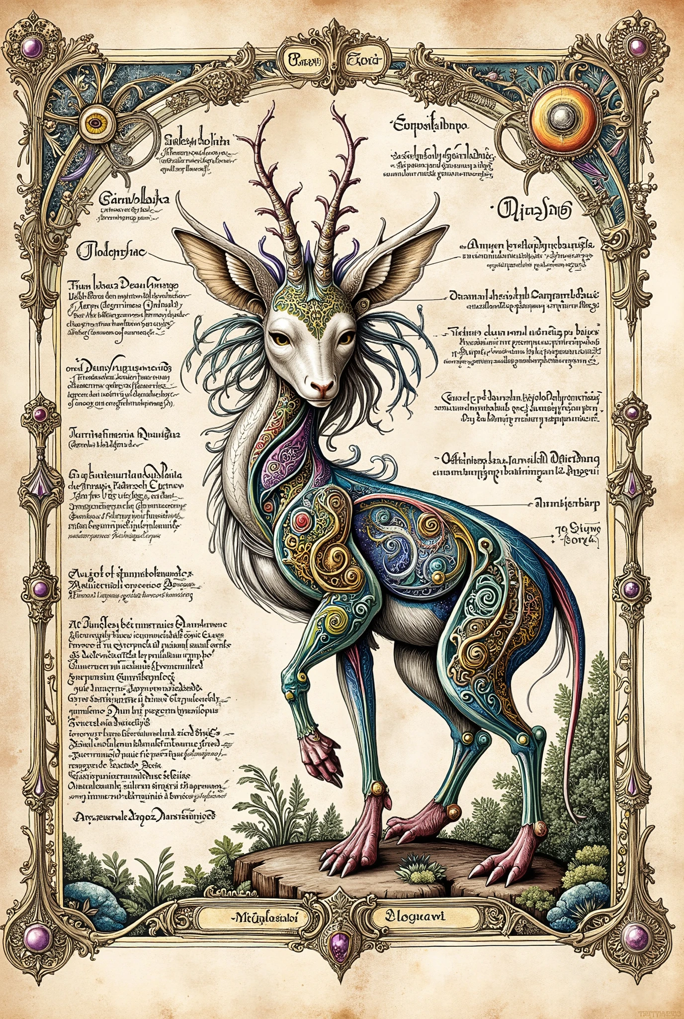 Medieval Illuminated manuscript style artwork, colorful ink pen linework, ((textbook manuscript page)) of labelled anatomical drawing of ((mythical fantastical woodland dreamland ((Unseelie court)) creature))