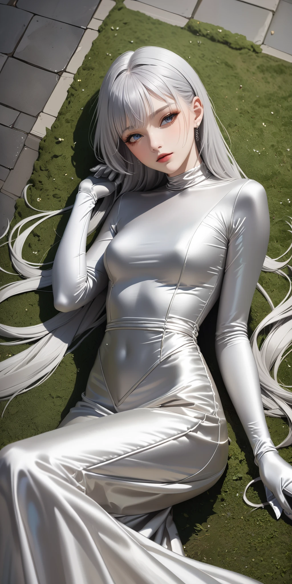 Portraiture、(masterpiece,Highest quality,Ultra-high resolution),Japanese women, (((Very beautiful 25 year old girl))),(White latex maid dress)、(((White latex long skirt)))、(A long-sleeved white latex shirt covering the upper body)、White latex long gloves、White latex socks、(White latex bodysuit)、The clothes fit snugly to the body、White latex is very shiny、Lying in the dark forest、