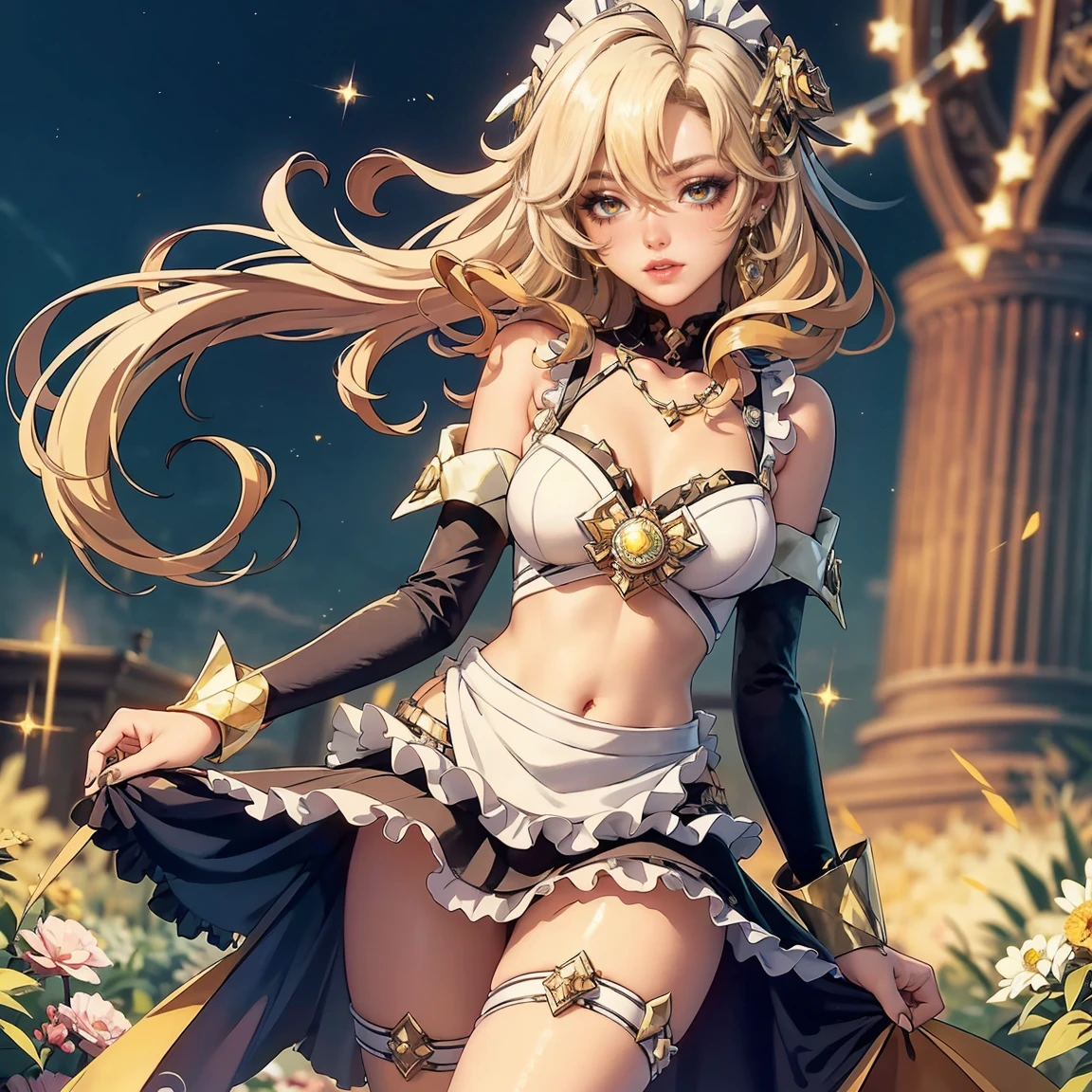 Master piece,best quality,ultra-detailed,high resolution,octane render,The overall image is of high quality, with a resolution of 8k.intricate details,absurdres,ultra hires,cute and beautiful girl,Female knigh,(1 girl),bishojyo,beautiful face,seductive young girl,female focus,full body,(perfect body),cool,kawaii,Her face is extremely detailed and expressive.the girl exudes confidence and elegance,Her pose and expression convey a sense of empowerment and strength.blonde hair,single braid,shining glossy hair;1.4,neat hairstyle,gold hair ornament,She has long eyelashes that add to her captivating appearance,(wide eyes:1.4,big bright green eyes,enchanting bright eyes studded with gold and silver dust,(finely detailed beautiful eyes),wet crystal eyes),symmetrical eyes,large highlighted eyes,pale eyes,forehead,light Red eyeshadow,highly detailed face and hair,a well-defined nose,pinky skin,glowing and smooth skin,faint lips,(plump lips,parted_lips),seductive and confident smile,standing,open mouth,pointy breasts,(very puffy soft breasts),{((perfect hand,two beautiful perfectly shaped arms and legs,perfect ???????:1.3))},(Brown corset,Silver Gauntlet,Blue Inner,Dark blue micro skirt),Tiara on the head,(white side-tie panties,garter belt,Stockings),silver thighlet,bare shoulders,expensive,allure pose,black Choker with chains,bracelet with chains,silver earrings,gripping sword in hand,Blushing face,emphasizing her facial expression and beautiful body lines,dynamic angle,from below,sweat,perspired,steam,wet,fantasy,creating a visually stunning effect,adding to the overall appeal,excited expression towards the camera,psychedelic,in Ancient Castle Garden,wide view