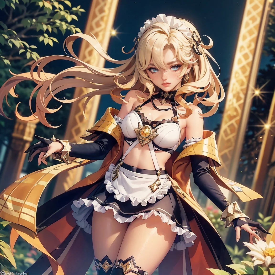 masterpiece, top quality, super detailed, high resolution, (ink painting style), excellent anatomy, beautiful 1 woman, official art, highly detailed CG unity 8k wallpaper, night, rain, beautifully detailed skies, galactic, starry sky background, beautiful and delicate water, game CG, sketch, long blonde hair, styled blonde hair, wet hair, hair between the eyes, hair behind the ear, carefree eyes with white eyelashes, brown eyed, cross necklace, looking down, sit, grab the long leg hair and decorate it, leaf hair accessories, in the forest, lakeside, ((medium breasts)), long sleeve dynamo, golden wing earrings, best light, best shadow, mysterious, perfect face, highly detailed,