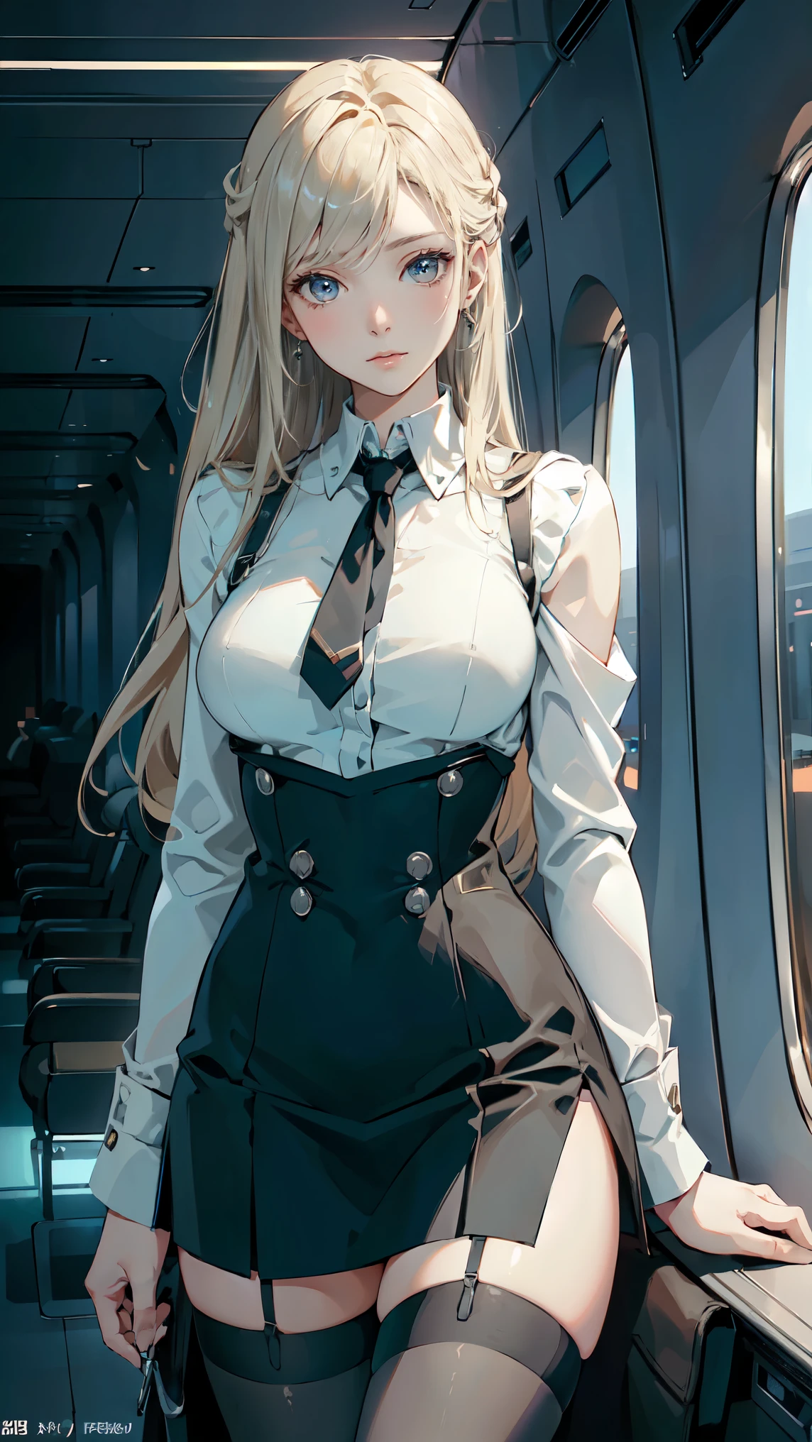 Create an illustration of a stylish, confident anime character in a first-class airplane setting. The character should be dressed in a sophisticated business attire with a modern twist: a white blouse with a black tie, a black skirt with garter belts and stockings, and a blazer draped over the shoulders. Add a touch of luxury with accessories like a sleek ID badge on a lanyard around the neck, and a briefcase beside the character. The character should be seated comfortably, with one leg crossed over the other, exuding an air of elegance and professionalism. The background should be a realistic depiction of the inside of an airplane, with a window showing part of the aircraft's wing outside, and the interior should reflect a first-class cabin's luxury, with plush seating and subtle lighting. Ensure the overall mood conveys a blend of business sophistication and personal style. NSFW, transparent dress, NSFW, small breasts, round breasts, blond hair, Petit body, celestial sparks, vagina, ((perfect anatomy:1.2,realistic:1.2,RAW Photography:1.3,masterpiece、highest quality、Ultra - High resolution、High resolution、Highly detailed CG、8K)),((best quality)), , show nudes, view nipples, uncensored,