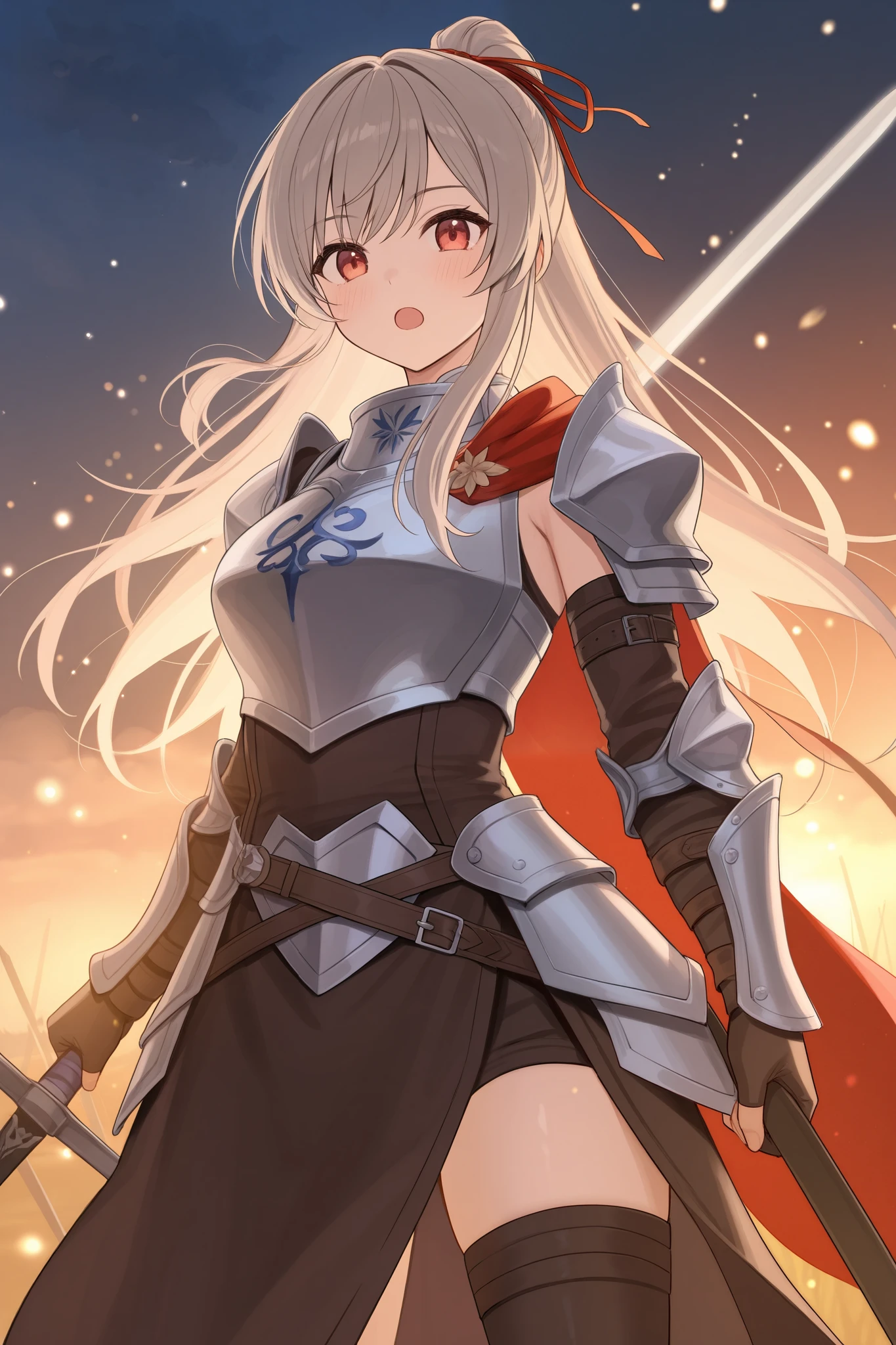 金髪ロングストレートと碧眼の特徴を明確に指定
sword士としての要素(sword、Armor etc. ) magic particles etc
Background settings to create a battlefield atmosphere
Specify poses and facial expressions to express Rin's 々 character
Effects that emphasize fantasy elements ( contains )
