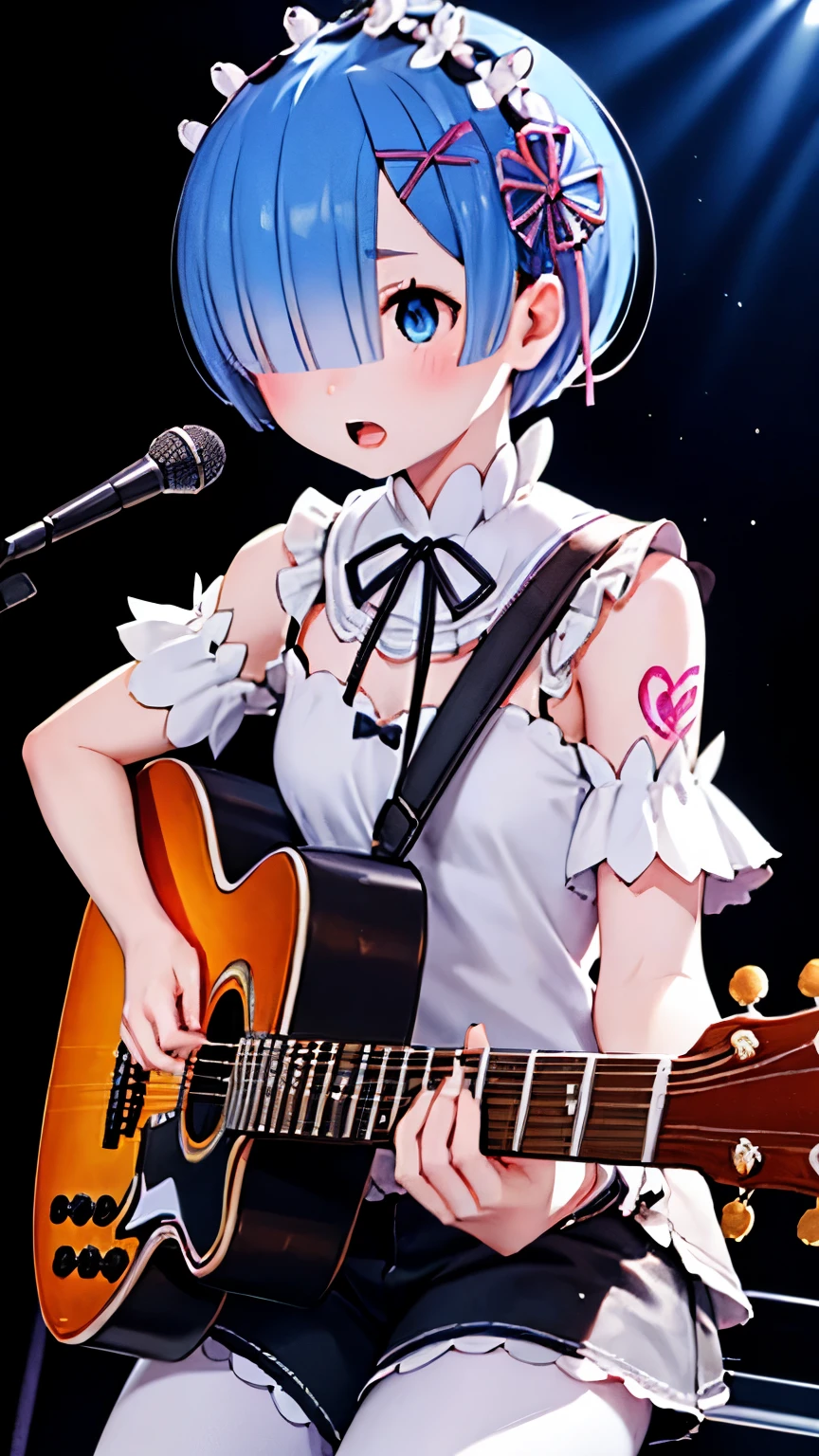 punk girl (Re:Zero Rem) tattooed on his shoulder and neck with blue hair and tights with a guitar in his hands, he performs on stage and sings punk rock