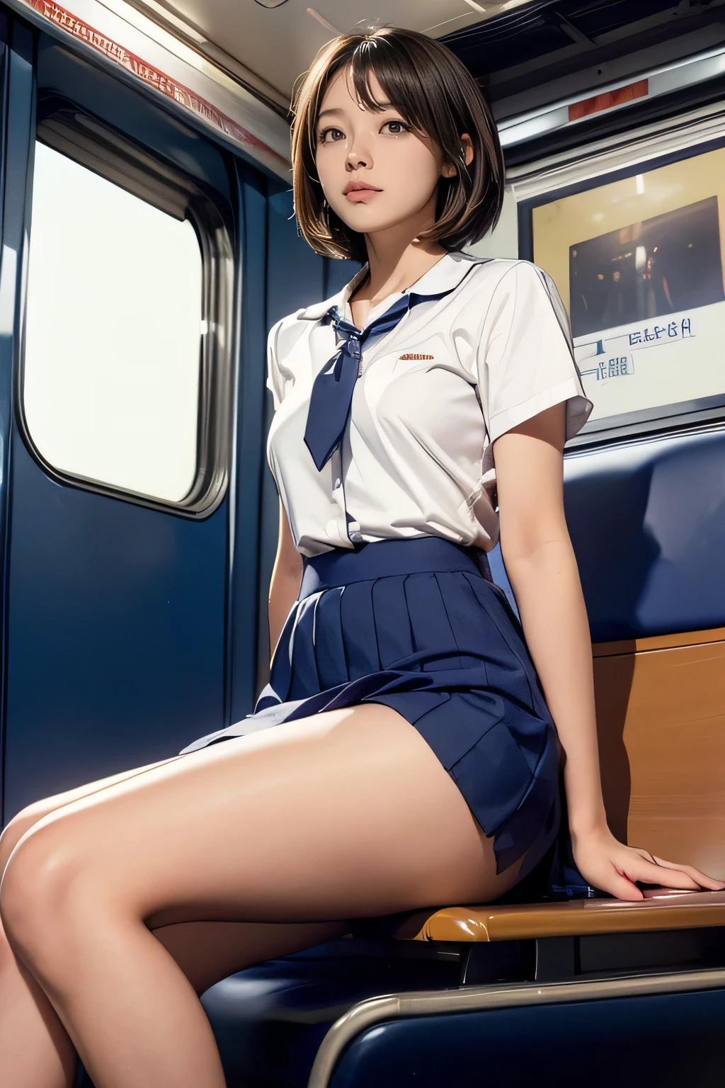 Japanese Girls、18歳の女の子、ple short hair、Blond Hair、bangs、BROWN EYES、Perfect figure、Sense of transparency、luster、gloss、modest chest、School Uniforms、Navy blue ribbon、Light blue shirt、Navy blue skirt、Guangyue、Burning body、hposing Gravure Idol、On the train、Beautiful feet、Strong sunlight、Nasty、Rain-drenched body、wet