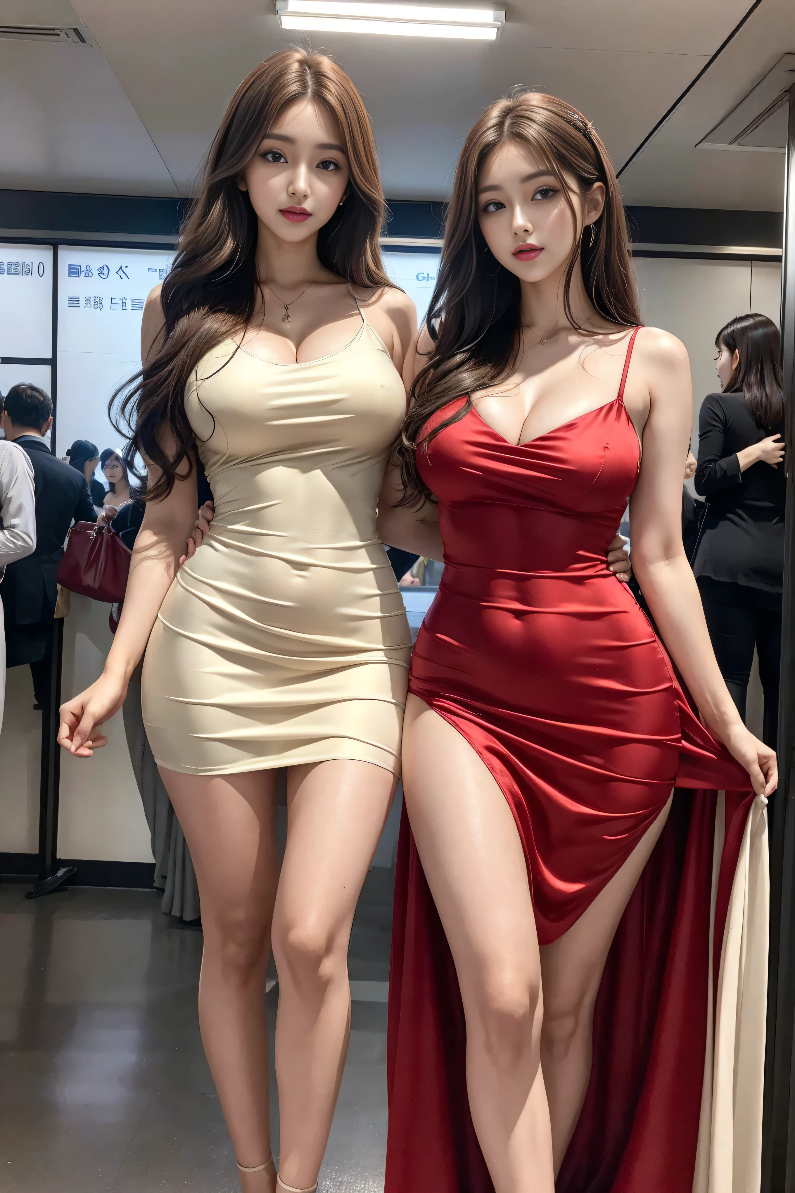1 Japan Woman、gals、Hostess、Wavy hair resistant to brown hair、A sexy、glamorous、huge tit、Red Party Dresses(One-shoulder、Bold open chest、long skirt、Long slit)、fishnet tights、high-heels、a necklace、piercings、Long Nails、