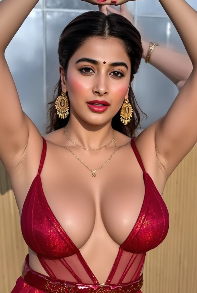 Indian super model, wearing sexy red saree and sleeveless blouse, sexy , medium breast, cleavage, oily skin, lusty looks, plus size model, sexy expression, high end makeup, smokey eye, black ponytail hair, 8k, cinematic, face mix of urvashi rautela and disha patani, arms up