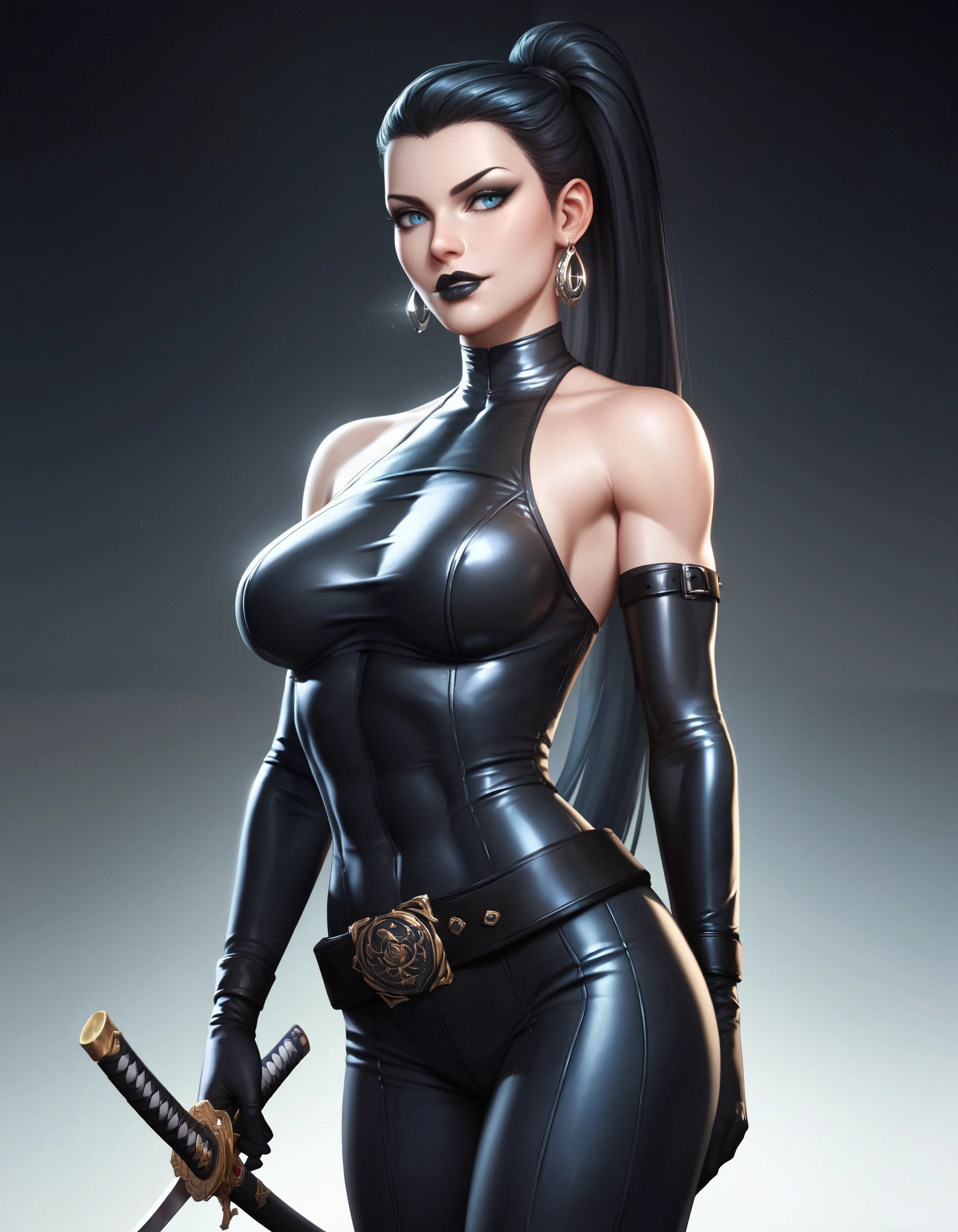Japanese Ninja woman, seductive cyberpunk dark fantasy, gigantic breasts, cleavage, beautiful face, beautiful body, beautiful eyes nose lips, alluring expression, full body photo, standing legs apart(well defined pubic hair:1.4)), (dark plain black background:1.4))