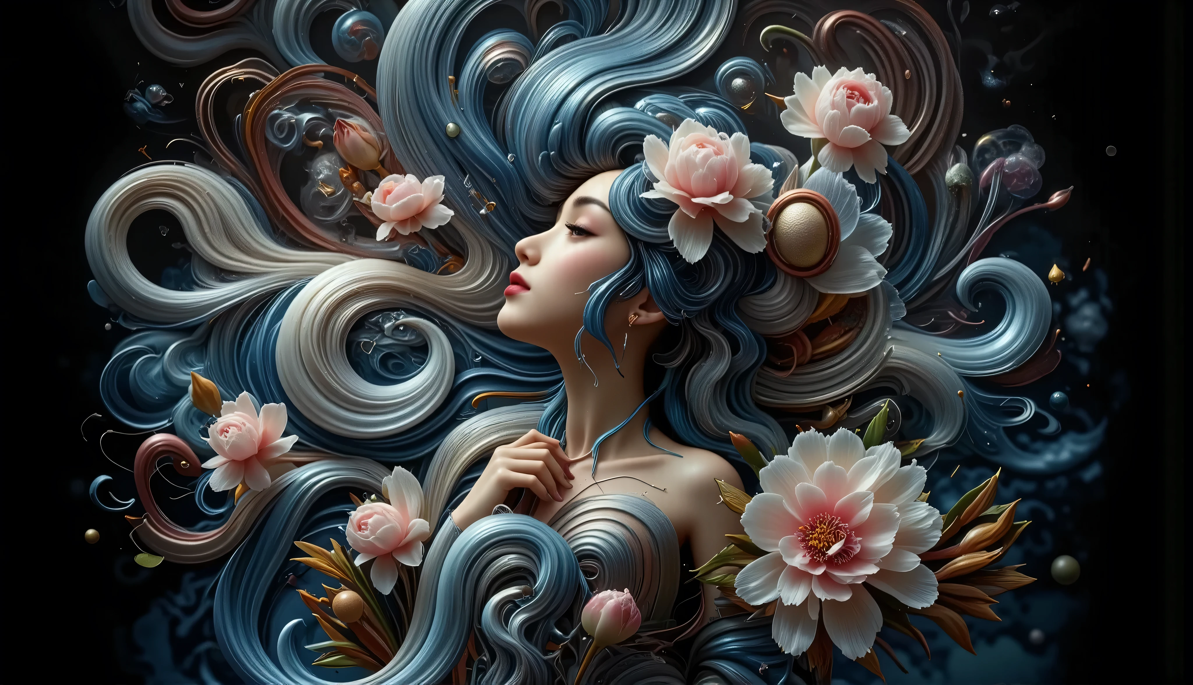 a powerful feminine figure her flowing hair creating hypnotic waves based on F(x) = x³*sin(x) + cos(x²)*sin(x), inspired by James Jean's surreal artistic style, her hair intertwining with blooming peonies and swirling botanical patterns, metallic accents catching ethereal light, her peaceful expression and poised posture emanating self-assurance, rendered in a harmonious palette of deep blues and pearl whites with copper highlights --v 5 --stylize 1000
