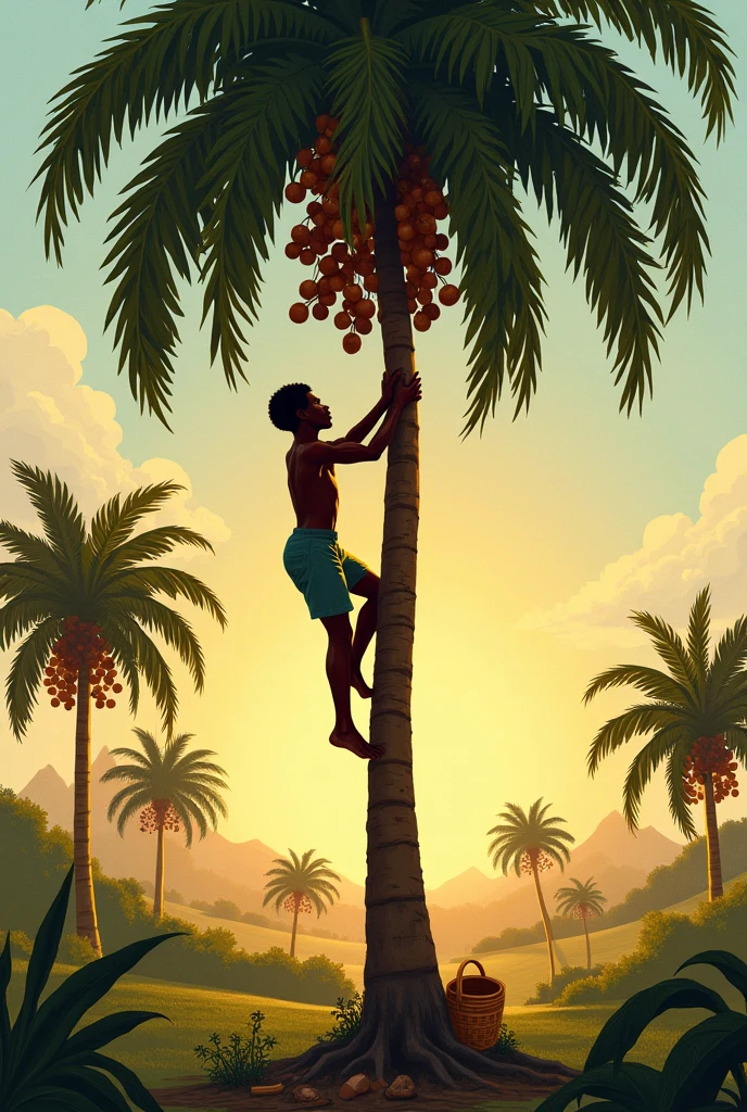 A man who has a cock-of-the-rock on his shoulder and on the ground there is a pile of cantuta flowers and a tree full of bananas