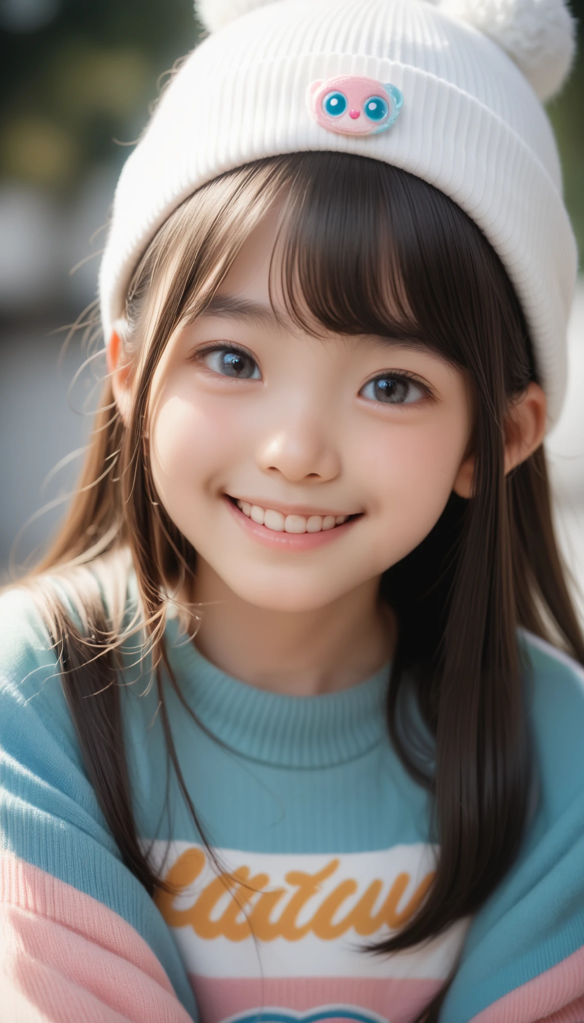 A close up of a young girl wearing a white hat and sweater seaart ai