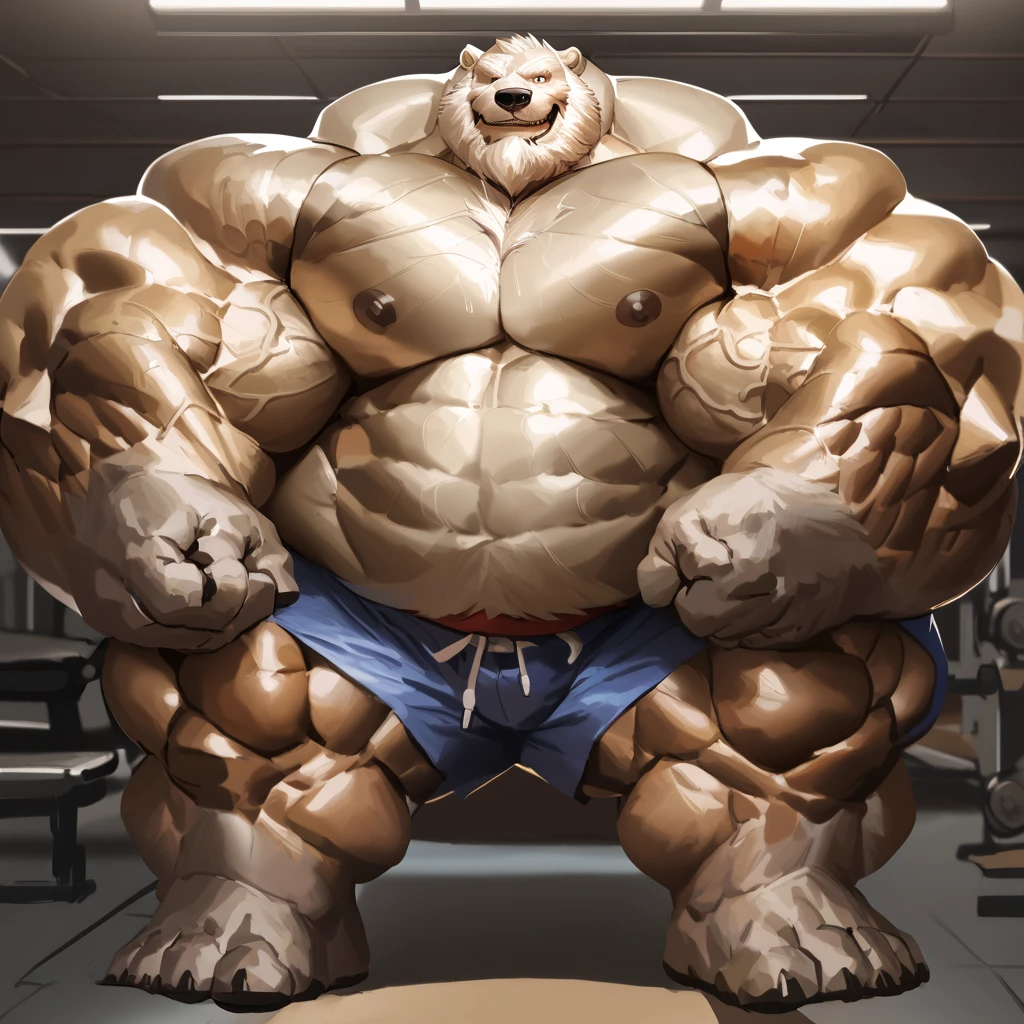 huge muscular kodiak brown bear in big gym fitness center, big smile, kodiak bear, huge brown fur, thick arm, huge arm, veins all over arms and chests, bald, brown mustache and brown beard, (muscular, pectoral, wide pectoral, thick arms), HEIGHT: 220CM, WEIGHT: 270KG, gym sets, workout machines, and punching bag backgrounds, 8k, masterpiece, added cinnamon colored eyebrows, deatiled eyes with red pupils, (wearing black shorts, wristband, watch, shirtless, topless and black shoes), doing the crab flex pose