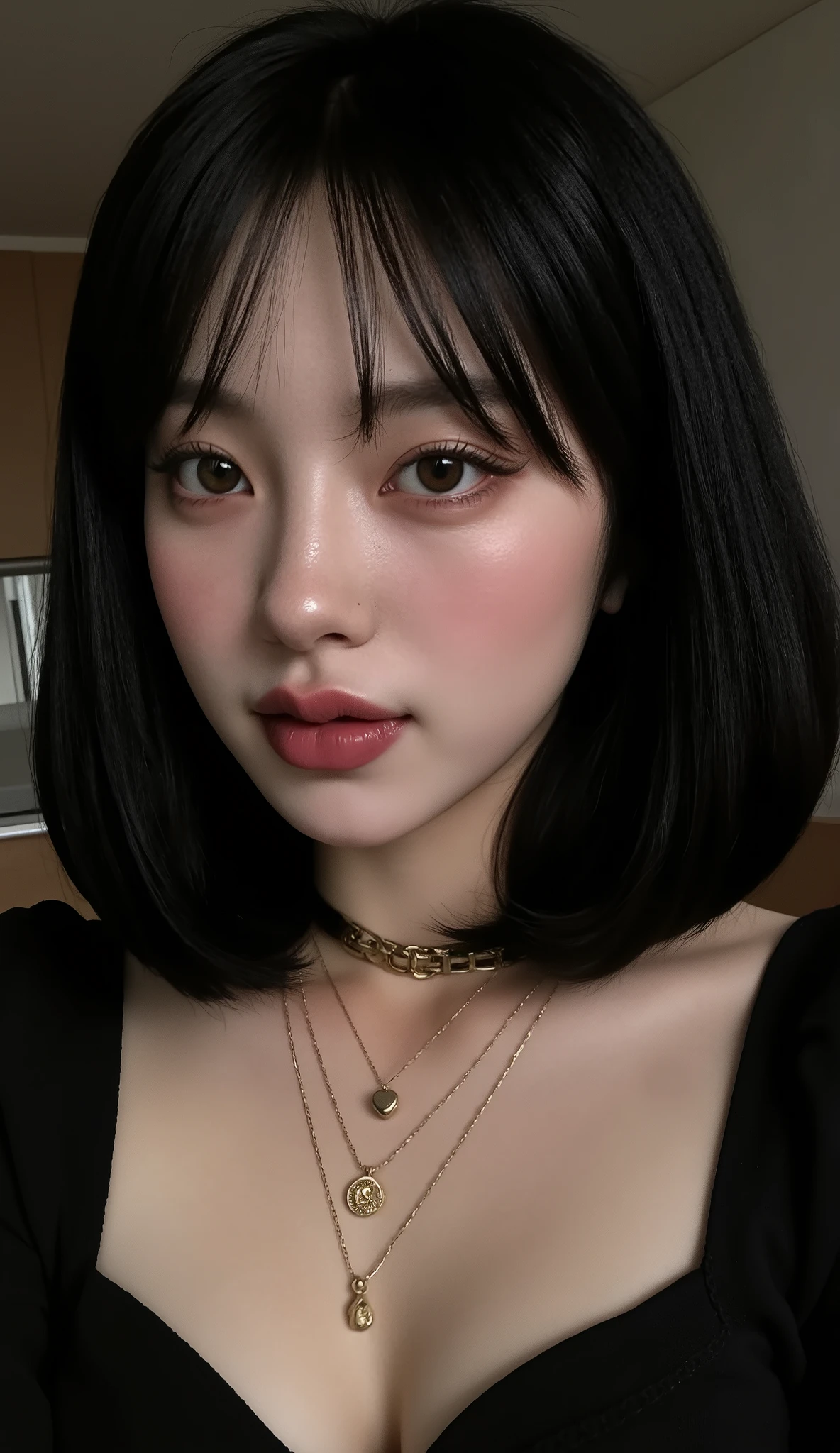 PA7_, PA7_XL-portrait-ECU , detailxl, CSPNY1, d0f _v2, with melancholic black-haired hair, lamp, plump lips, dark makeup , eyeliner , Brown eyes , gold necklaces, round face, dog collar , smiling with the eyes , smile, Teeth, Expression admired , looking for a view, asymmetry, adolescent appearance , Seductive look, looking for, korean female, 1female , 1 women in the image, Japanese women