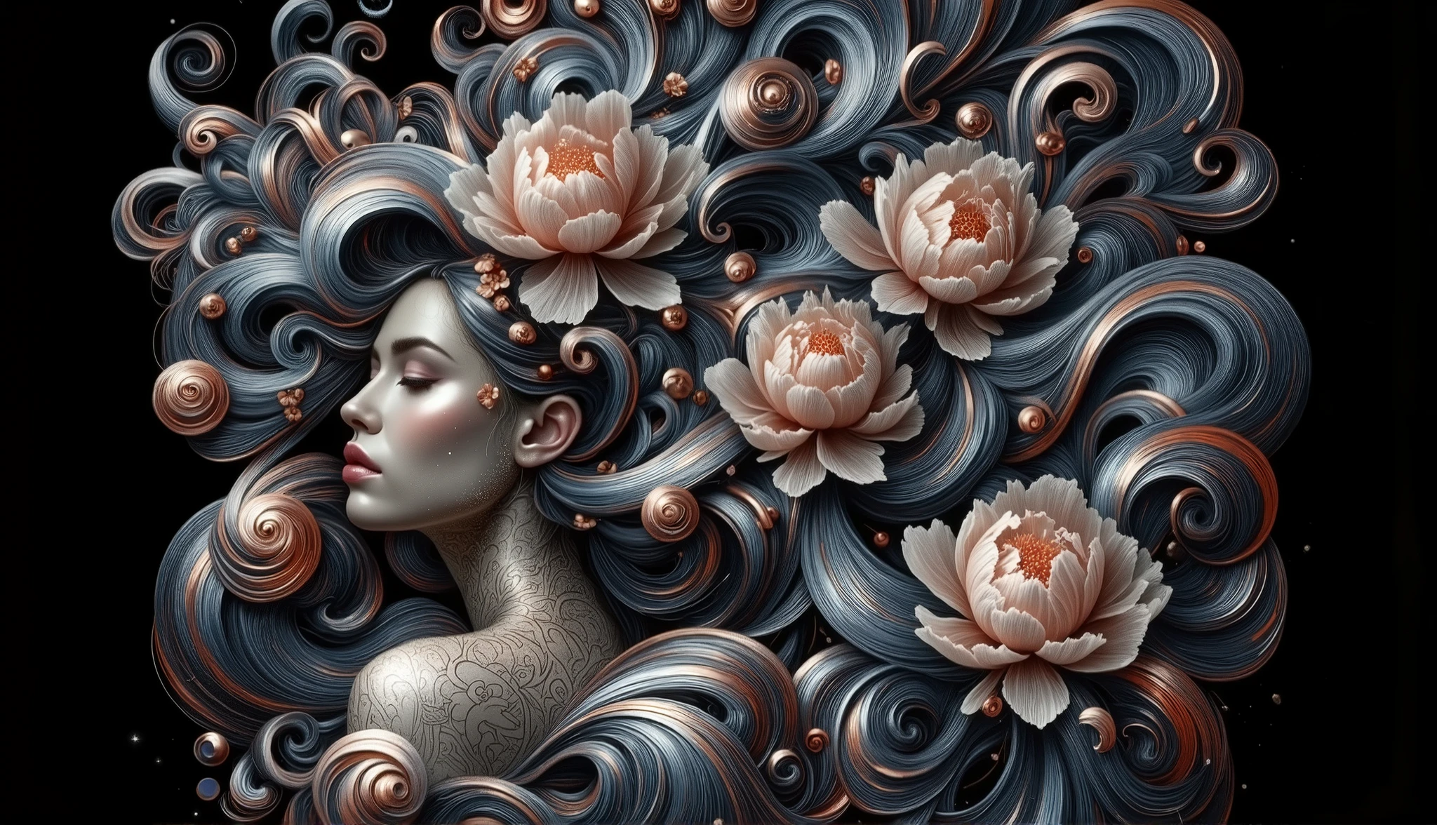a powerful feminine figure her flowing hair creating hypnotic waves based on F(x) = x³*sin(x) + cos(x²)*sin(x), inspired by James Jean's surreal artistic style, her hair intertwining with blooming peonies and swirling botanical patterns, metallic accents catching ethereal light, her peaceful expression and poised posture emanating self-assurance, rendered in a harmonious palette of deep blues and pearl whites with copper highlights --v 5 --stylize 1000