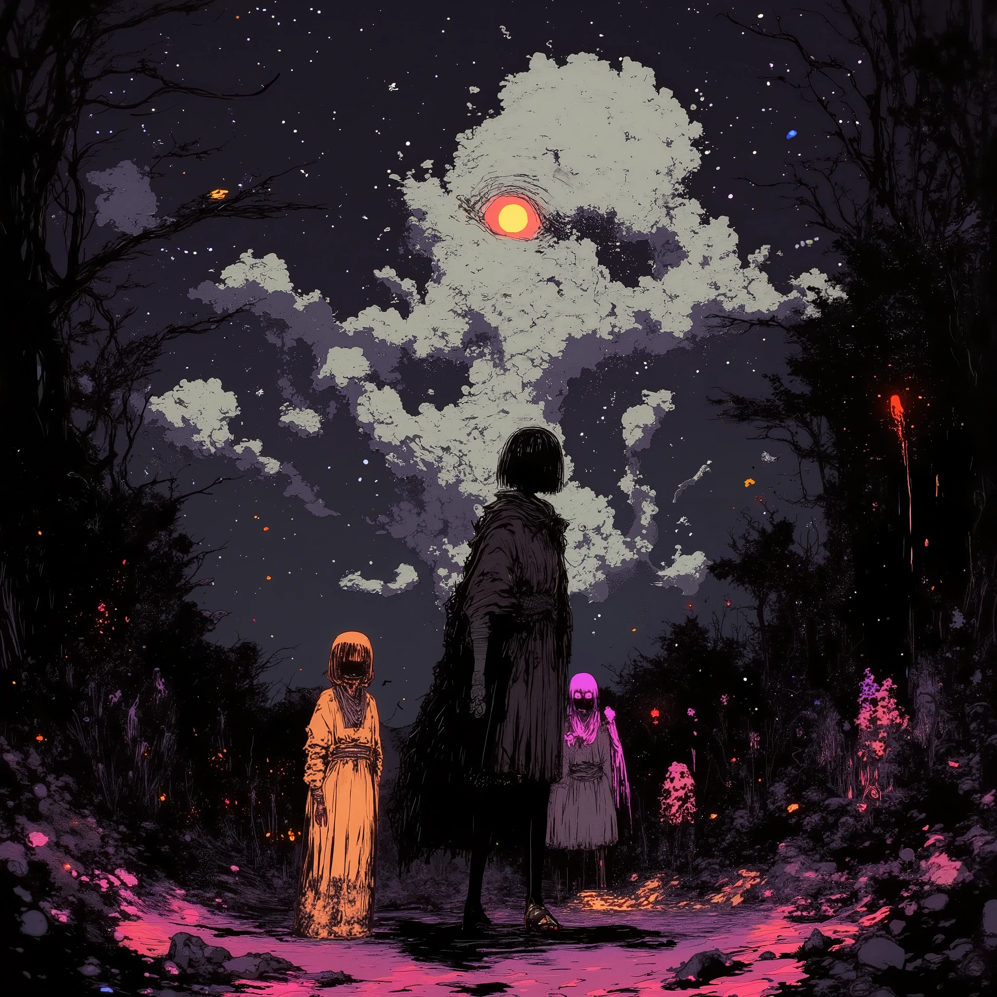   manga style digital illustration:1.5, broken sky  ,  Dramatic sky ,   Apocalyptic sky   ,  Конец lightа , Dark Clouds,  dramatic lighting,    creepy atmosphere   ,  movie, Dull color , sullen,  Dark, atmosphere ,  Complex cloud shapes  ,   textured clouds   , light,    surround lighting  ,   realistic, photo  realistic,  very detailed, 8 k,  Masterpiece ,  one girl standing in line alone 