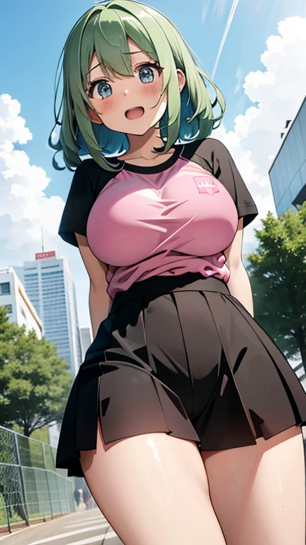 score_9、score_8_up、score_7_up、score_6_up BREAK Ramona Flowers、Green Hair、Black iris、Goggles on head、Jacket、Black hoodie、Pink Layering、Blue Jeans Skirt、Purple Pantyhose、Pink Boots、Shoulder bag、Big Breasts、Covered puffy nipples、Wide hips、Seductive pose、Pointing BREAK concept art、Digital Art、Expressiveh