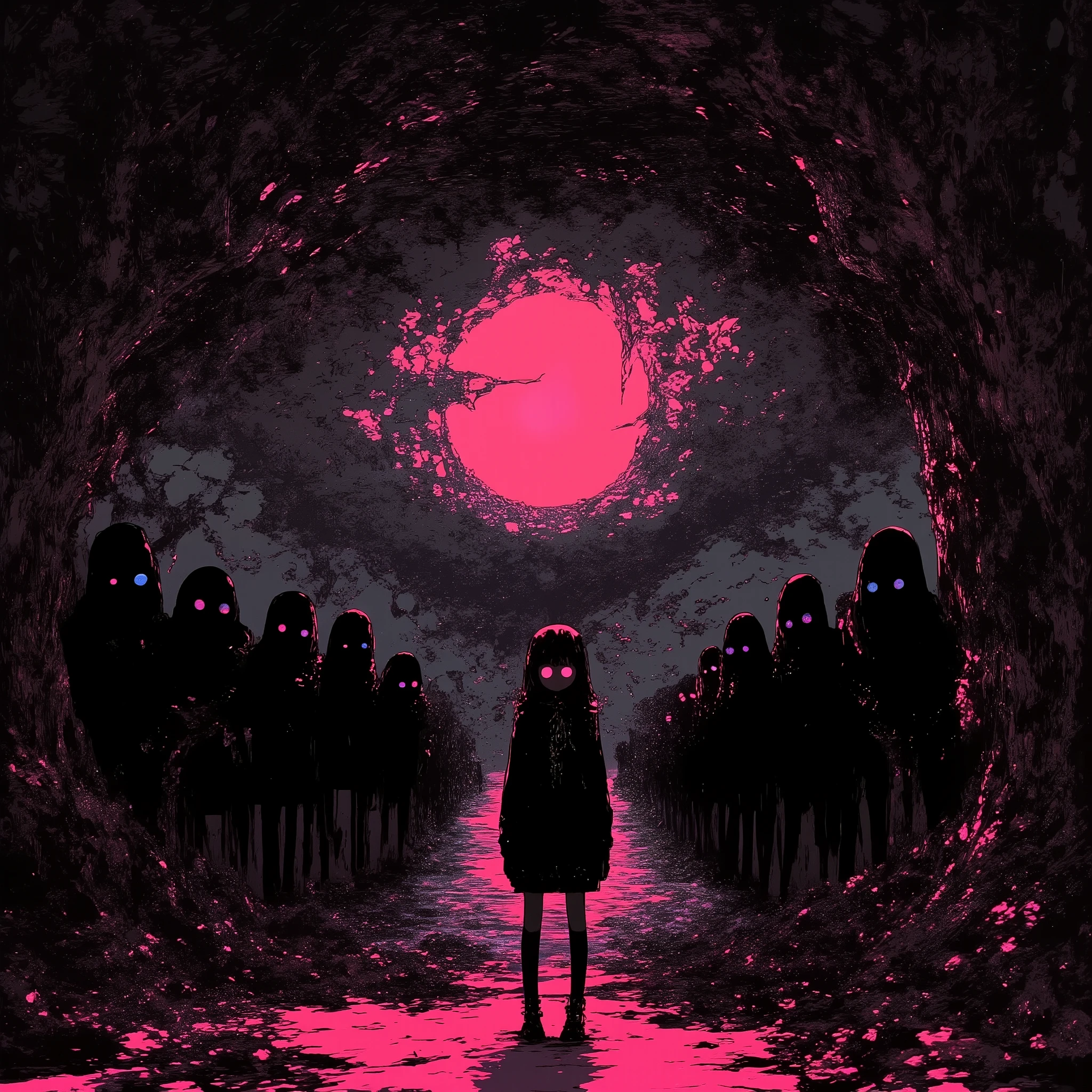   manga style digital illustration:1.5, broken sky  ,  Dramatic sky ,   Apocalyptic sky   ,  Конец lightа , Dark Clouds,  dramatic lighting,    creepy atmosphere   ,  movie, Dull color , sullen,  Dark, atmosphere ,  Complex cloud shapes  ,   textured clouds   , light,    surround lighting  ,   realistic, photo  realistic,  very detailed, 8 k,  Masterpiece ,  one girl standing in line alone 