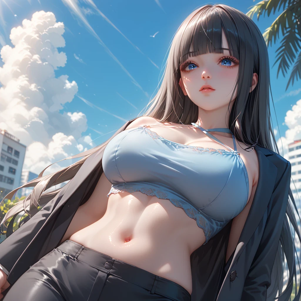 ((Gray Hair))、(black inner hair), best quality、 ( professional lighting without shadows )、 surreal, (Nipples:0.4), is fascinating、 figure like a slender supermodel、 one girl ,, ( big breasts, Belly button exposed), ( flat at honny, beautiful skin)), (明るい and beautiful blue eyes , ((hime cut,long hair )), ((blazer:1.4), (Satin camisole:1.3), Tailored trousers, pencil skirt, high socks, blue panty、(Silk Halter-top:1.3)) , ( beautiful face squinting in bright light ), ”low-angle perspective, looking up at her against a bright blue sky with open clouds