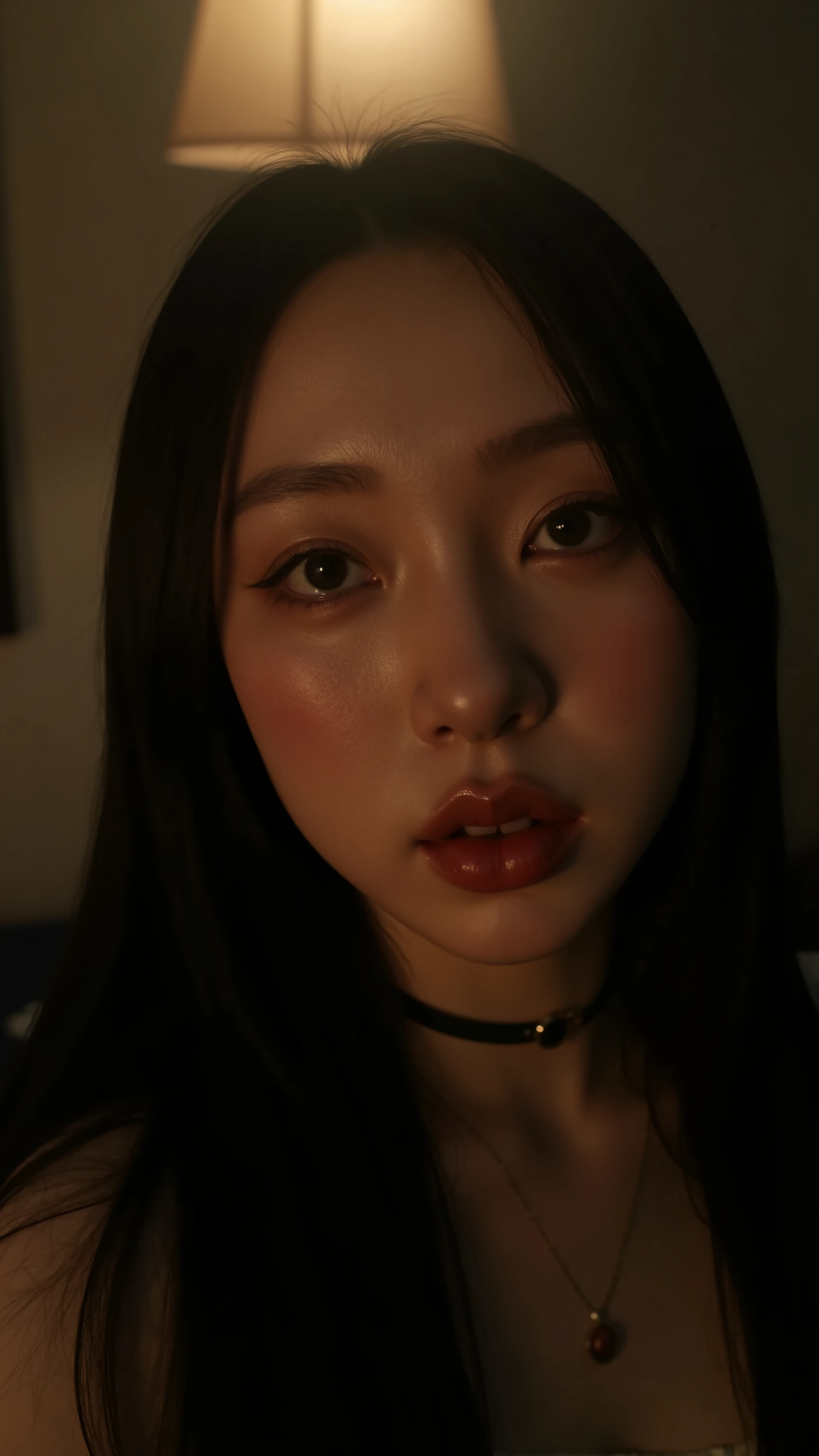PA7_, PA7_XL-portrait-ECU ,  detailxl,   CSPNY1, d0f  _v2, Selfie from top to bottom, face from side,   with melancholic black-haired hair,   lamp,   plump lips,   dark makeup   ,  eyeliner ,  Brown eyes , gold necklaces,   round face,   dog collar  ,   smiling with the eyes ,  smile, Teeth, Expression admired  ,  looking for a view, asymmetry,   adolescent appearance ,  Seductive look,  looking for,  korean female, 1female ,  1 women in the image,   Japanese women  
