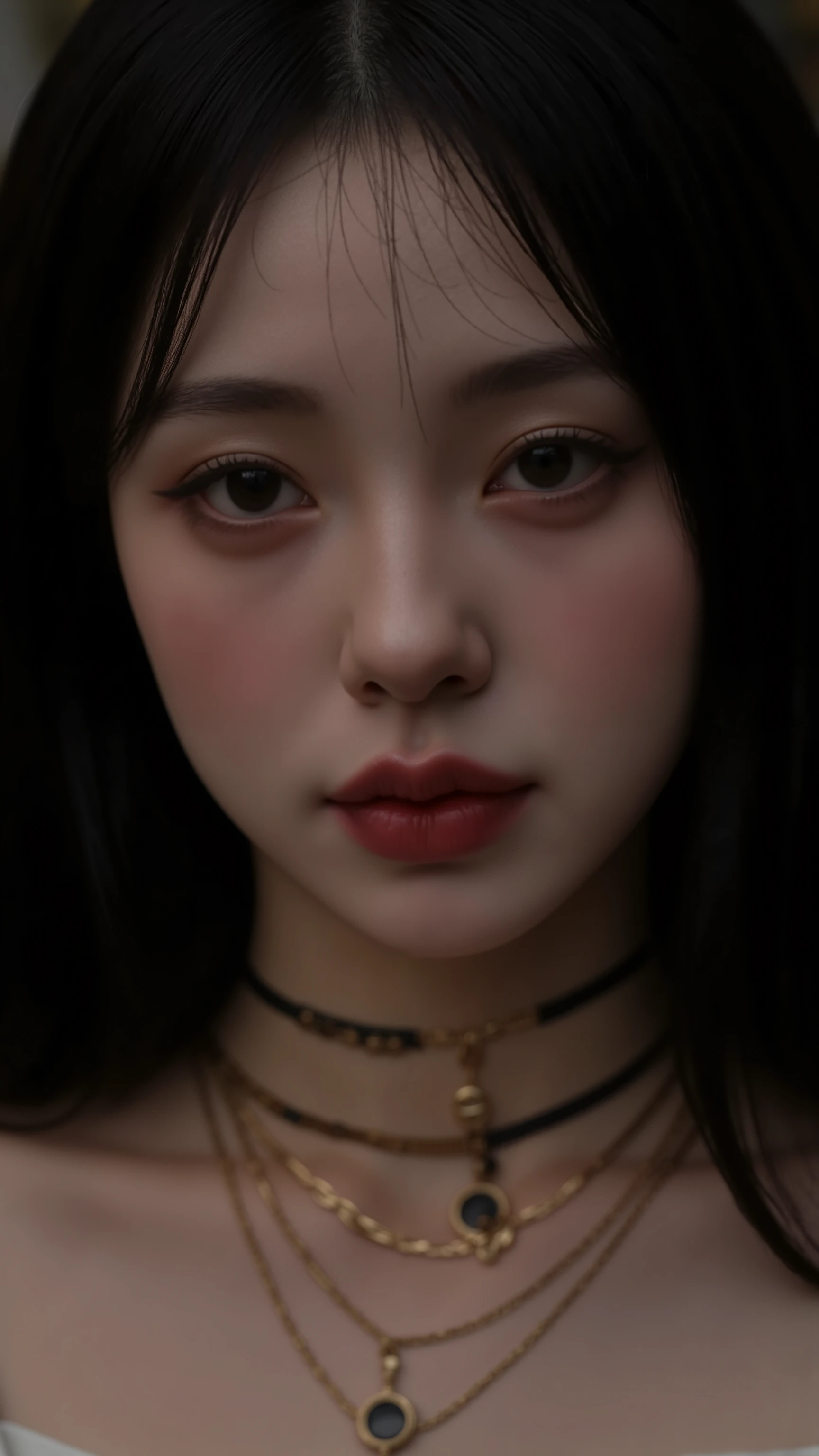 PA7_, PA7_XL-portrait-ECU , detailxl, CSPNY1, d0f _v2, with melancholic black-haired hair, lamp, plump lips, dark makeup , eyeliner , Brown eyes , gold necklaces, round face, dog collar , smiling with the eyes , smile, Teeth, Expression admired , looking for a view, asymmetry, adolescent appearance , Seductive look, looking for, korean female, 1female , 1 women in the image, Japanese women