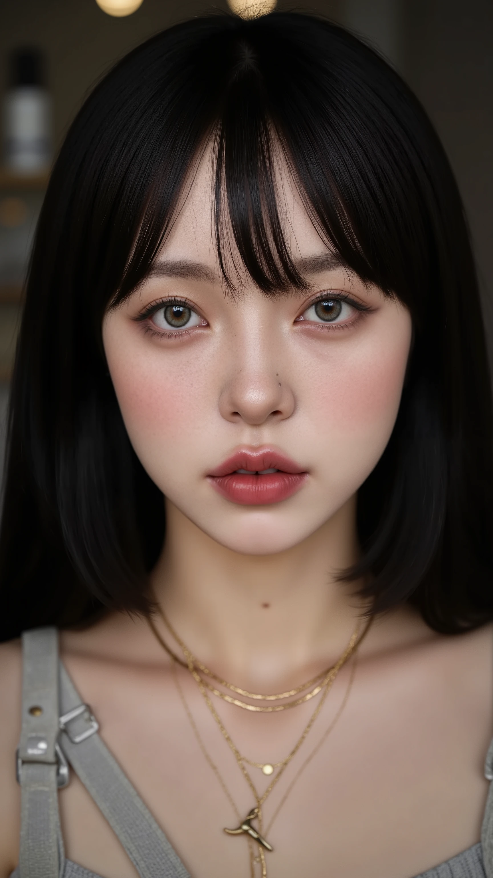 PA7_, PA7_XL-portrait-ECU , detailxl, CSPNY1, d0f _v2, with melancholic black-haired hair, lamp, plump lips, makeup , eyeliner , blue eyes, gold necklaces, round face, dog collar , smiling with the eyes , smile, Teeth, Expression admired , looking for a view, asymmetry, adolescent appearance , Seductive look, looking for, korean female, 1female , 1 women in the image,