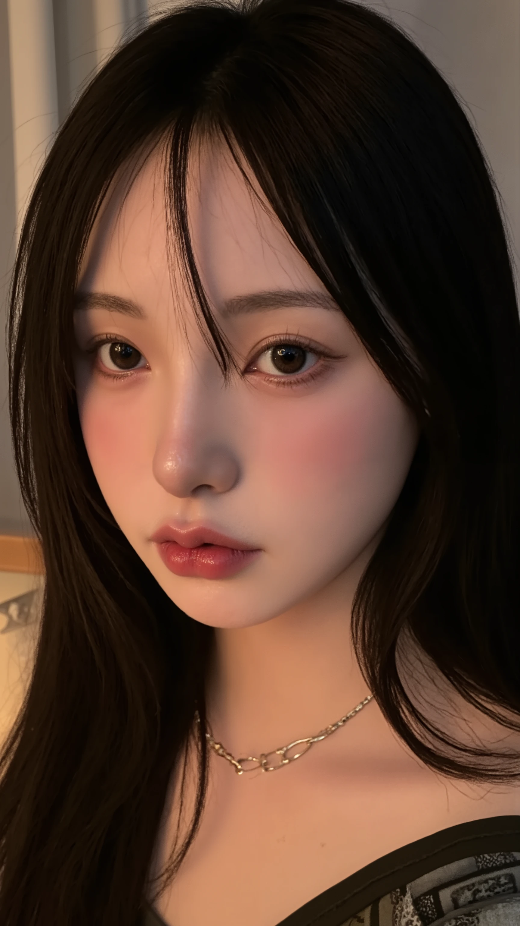 PA7_, PA7_XL-portrait-ECU ,  detailxl,   CSPNY1, d0f  _v2, Selfie from top to bottom, face from side,   with melancholic black-haired hair,   lamp,   plump lips,   dark makeup   ,  eyeliner ,  Brown eyes , gold necklaces,   round face,   dog collar  ,   smiling with the eyes ,  smile, Teeth, Expression admired  ,  looking for a view, asymmetry,   adolescent appearance ,  Seductive look,  looking for,  korean female, 1female ,  1 women in the image,   Japanese women  
