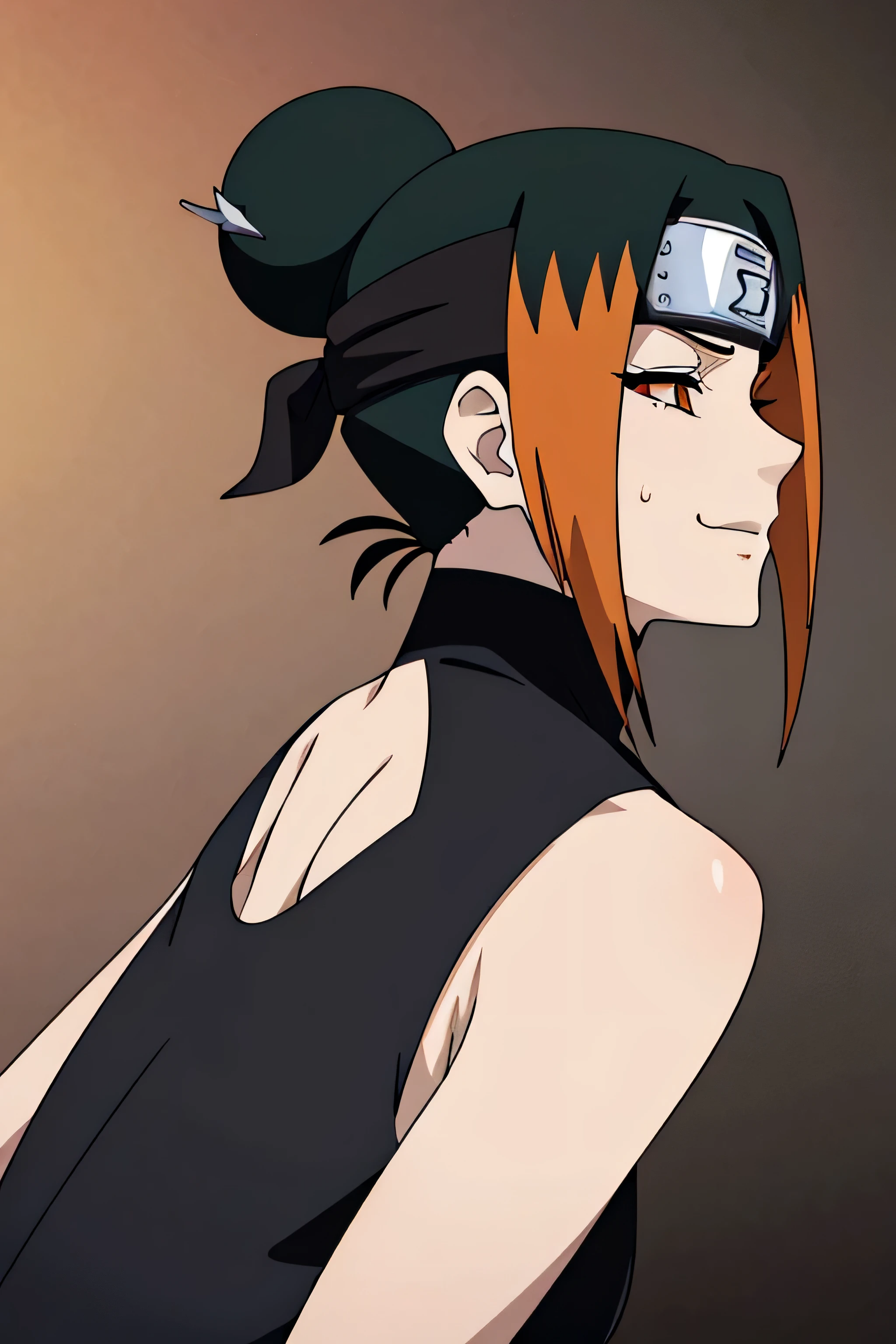 Pakura,human woman with fair skin.with orange eyes and black clothing. Her hair is orange/black in color; She is beautiful. Fair skin.Tsundere face. Pink eye shading,
1girl, solo, upper body, side view, viewed from side, smile, sensual expression,eyes closed,leaning forwards,leaned forwards,sweaty