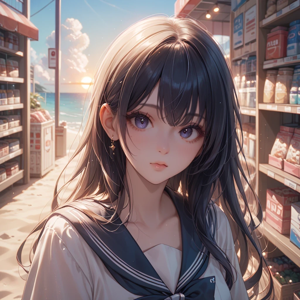idol , long hair , straight hair, Round face , bust up , sailor suit from a lower level store , as shown in the picture , Golden sand beach at sunset