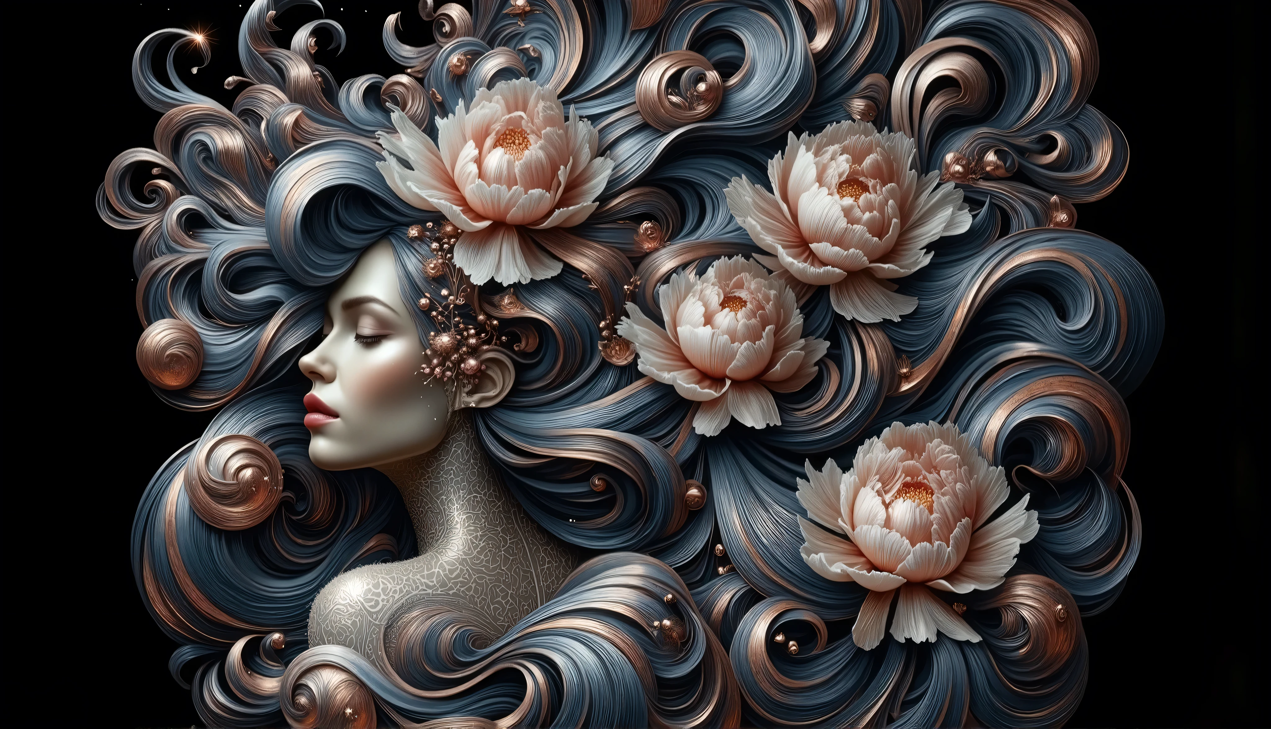 a powerful feminine figure her flowing hair creating hypnotic waves based on F(x) = x³*sin(x) + cos(x²)*sin(x), inspired by James Jean's surreal artistic style, her hair intertwining with blooming peonies and swirling botanical patterns, metallic accents catching ethereal light, her peaceful expression and poised posture emanating self-assurance, rendered in a harmonious palette of deep blues and pearl whites with copper highlights --v 5 --stylize 1000