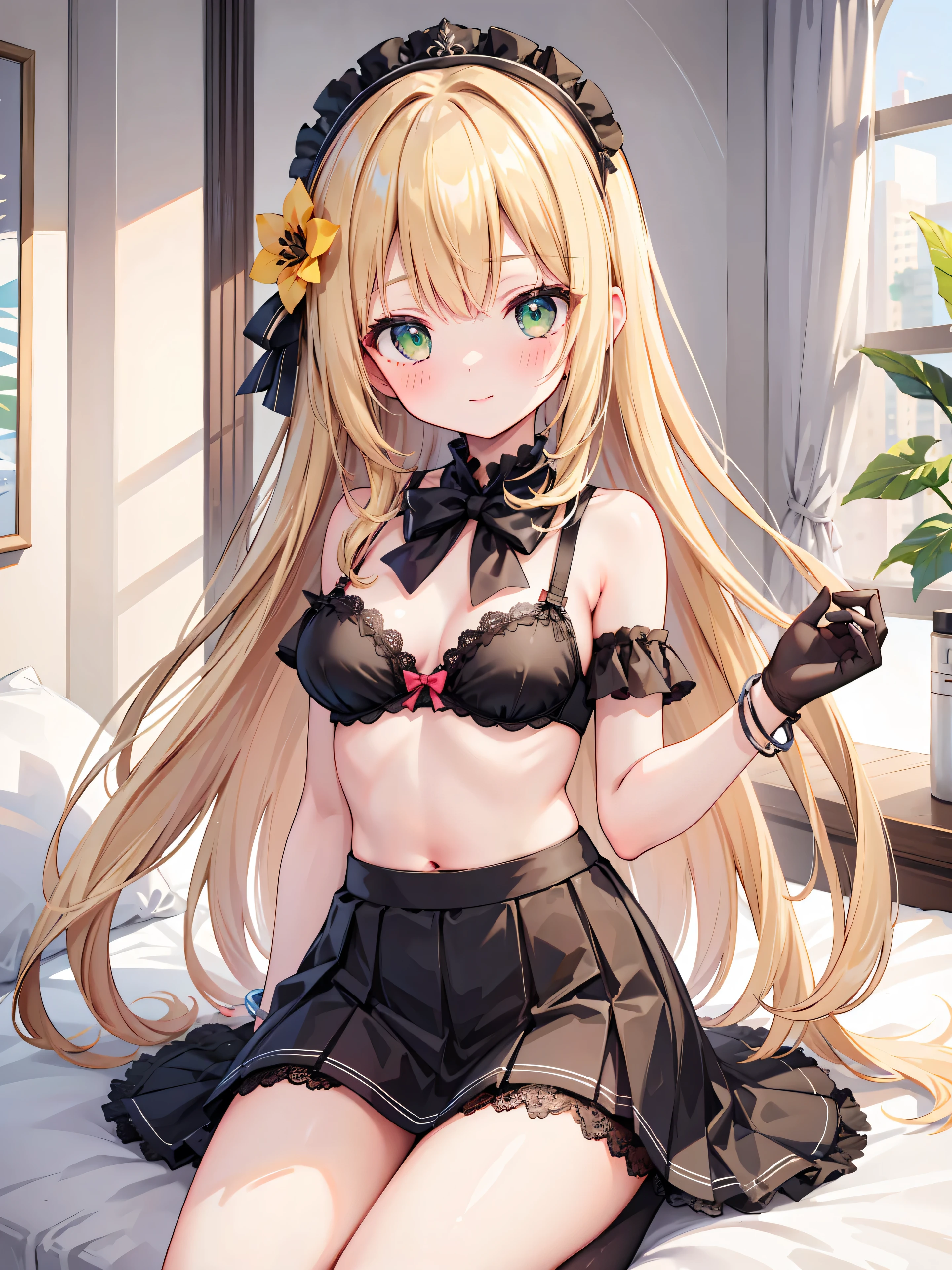 little_girl,cute__, Blonde hair, long curly hair, hair over one eye, yellow eyes, long hair, dark skin, ahoge, thigh, cute, sexy, fishnet stockings, hips, elbow-length fishnet gloves, background flower, dynamic angle,