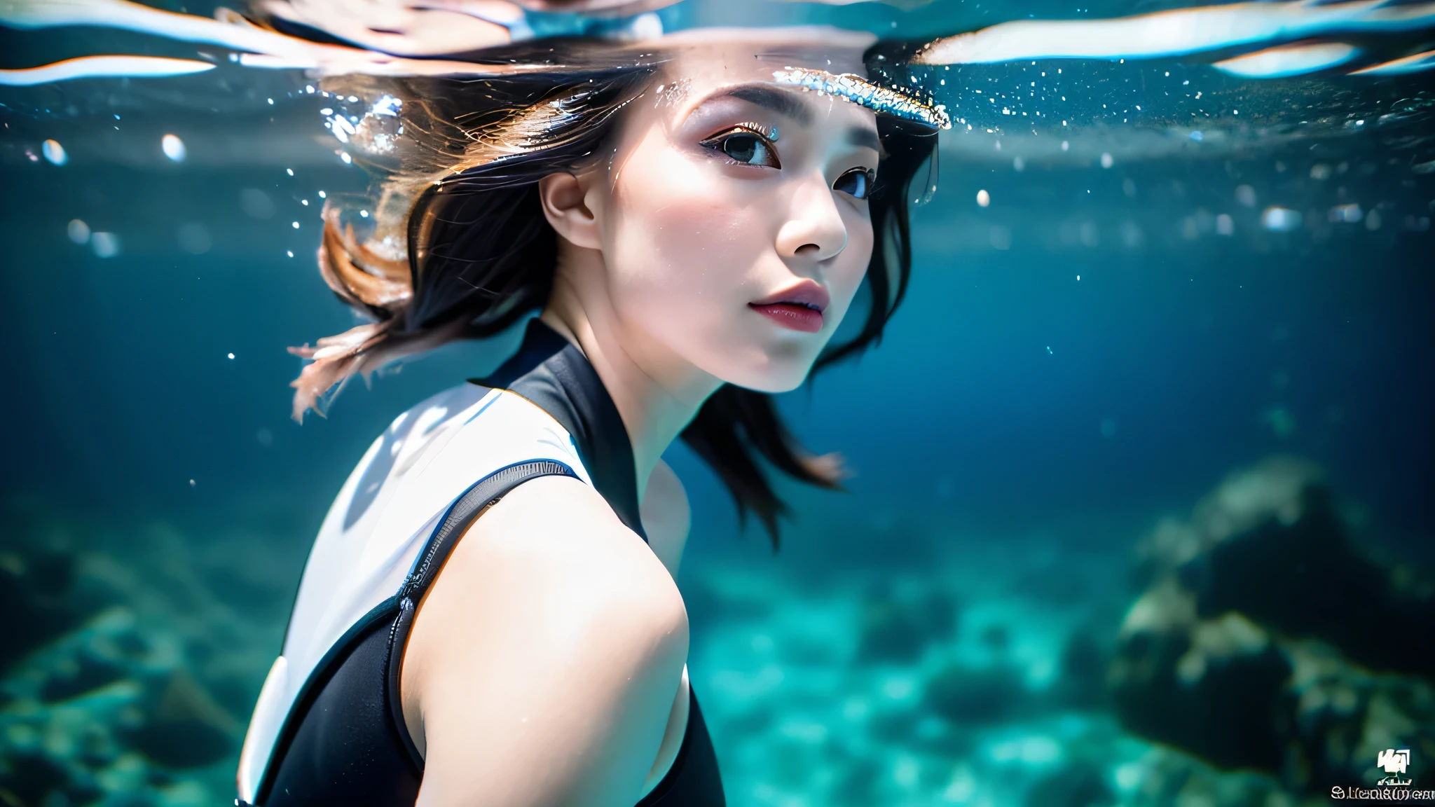 ((masterpiece, highest quality, Highest image quality, High resolution, photorealistic, Raw photo, 8K)), ((Extremely detailed CG unified 8k wallpaper)), (huge stunning goddess shot, very hot and sexy, jaw-dropping beauty, perfect proportions, beautiful body, slim body beauty:1.4), (Scuba diver with equipment and gear underwater, scuba diving, wearing a black wetsuit and scuba mask), diver is under the sea, diver is under the sea, incredible depth, underwater face, extreme depth, amazing depth, bottom angle, having a good time, having fun, exploring, depth, deep depth, profile underwater, looking up underwater, (deep), going even deeper, air bubble,