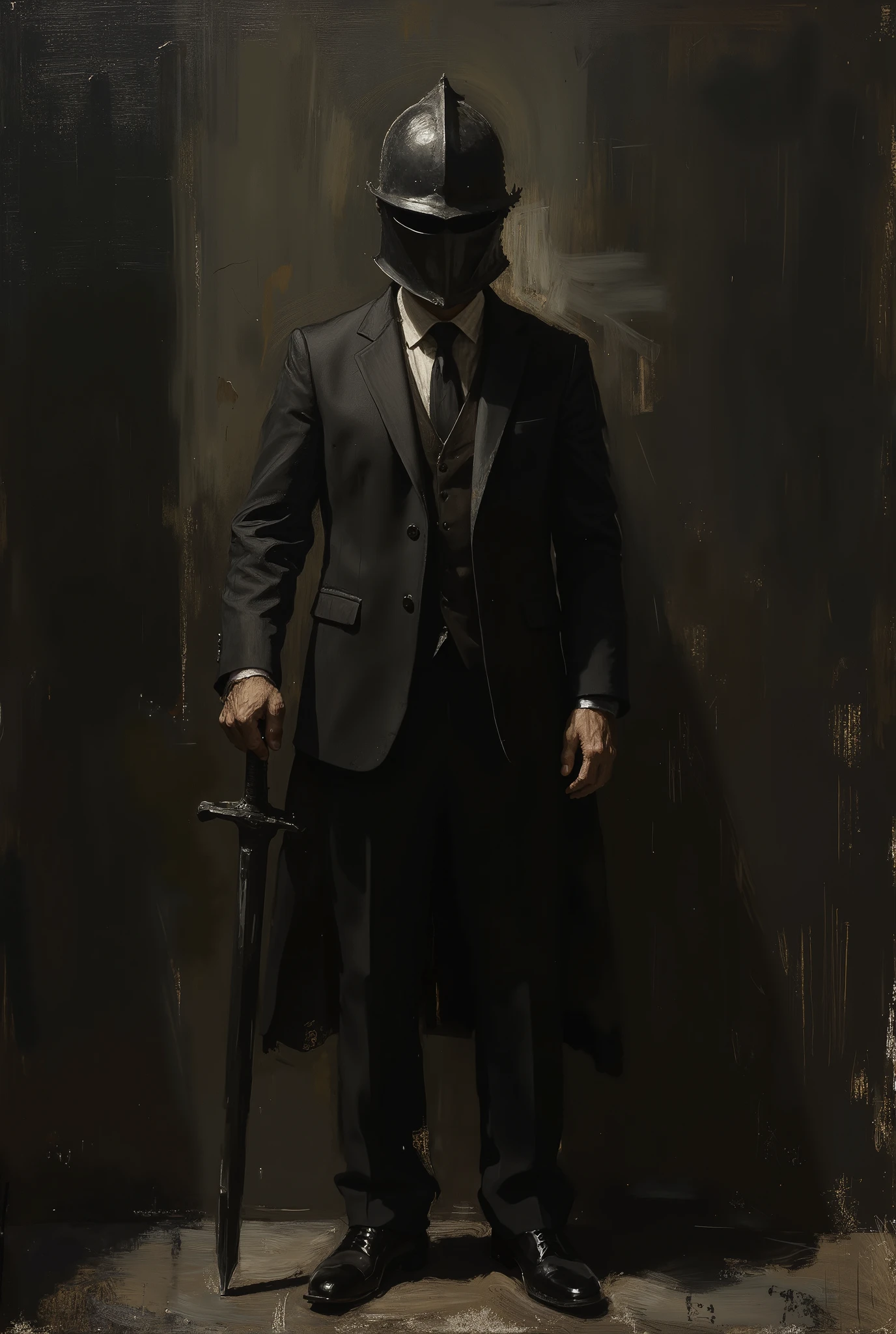 Man in suit hoodie with medieval black helmet covered his head black background ((Oil painting)) ((greek painting)), ((dark theme)) ((holding sword)) 