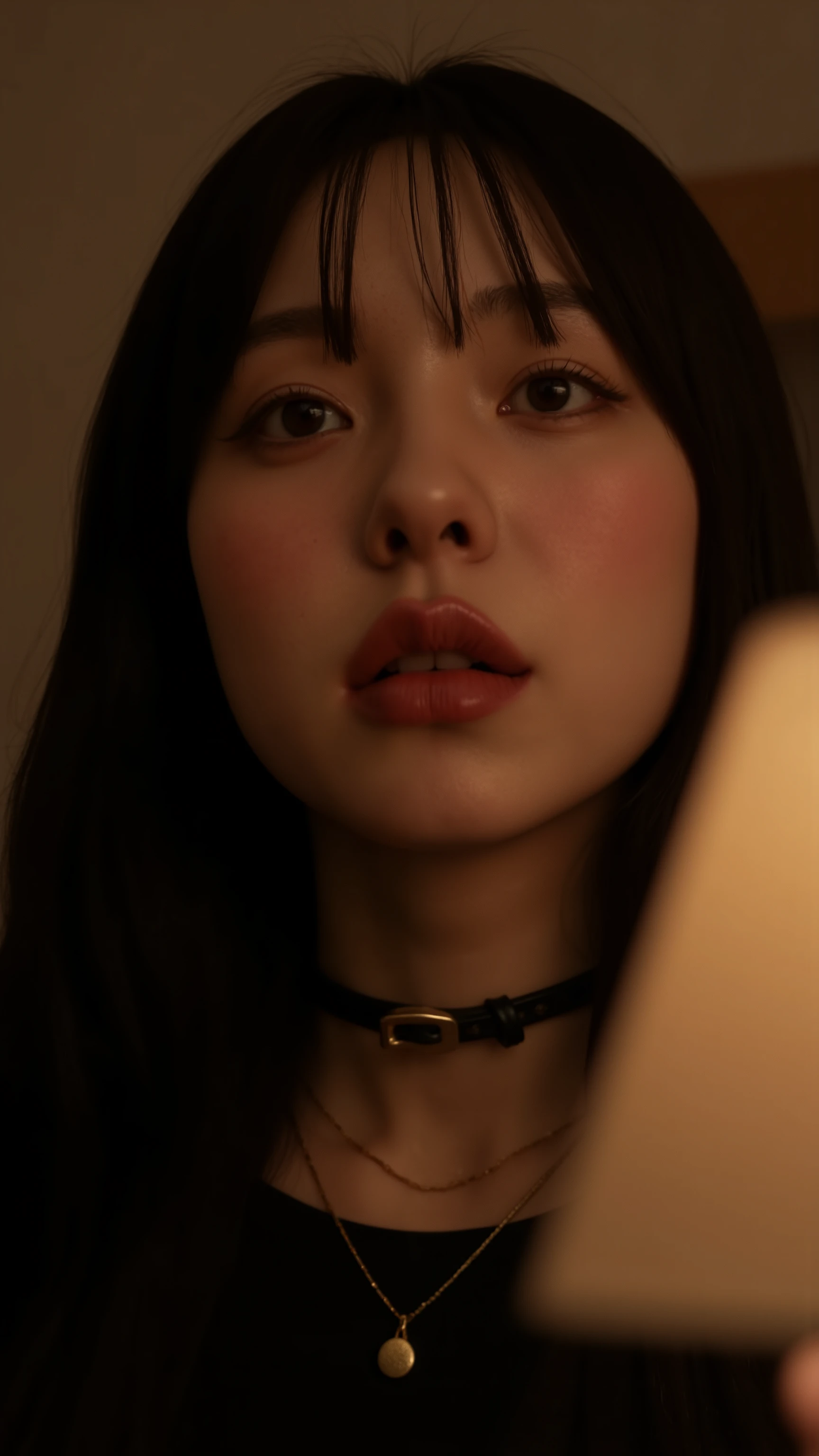 PA7_, PA7_XL-portrait-ECU , detailxl, CSPNY1, d0f _v2, Selfie from top to bottom, face from side, with melancholic black-haired hair, lamp, plump lips, dark makeup , eyeliner , Brown eyes , gold necklaces, round face, dog collar , smiling with the eyes , smile, Teeth, Expression admired , looking for a view, asymmetry, adolescent appearance , Seductive look, looking for, korean female, 1female , 1 women in the image, Japanese women